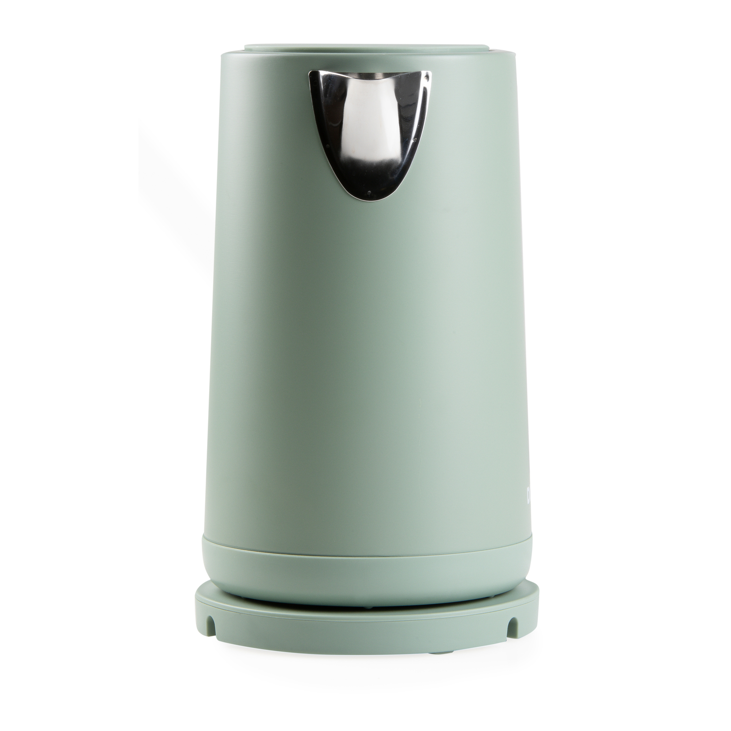 Een groene waterkoker op een ronde basis wordt getoond tegen een witte achtergrond. Eenvoudig ontwerp.