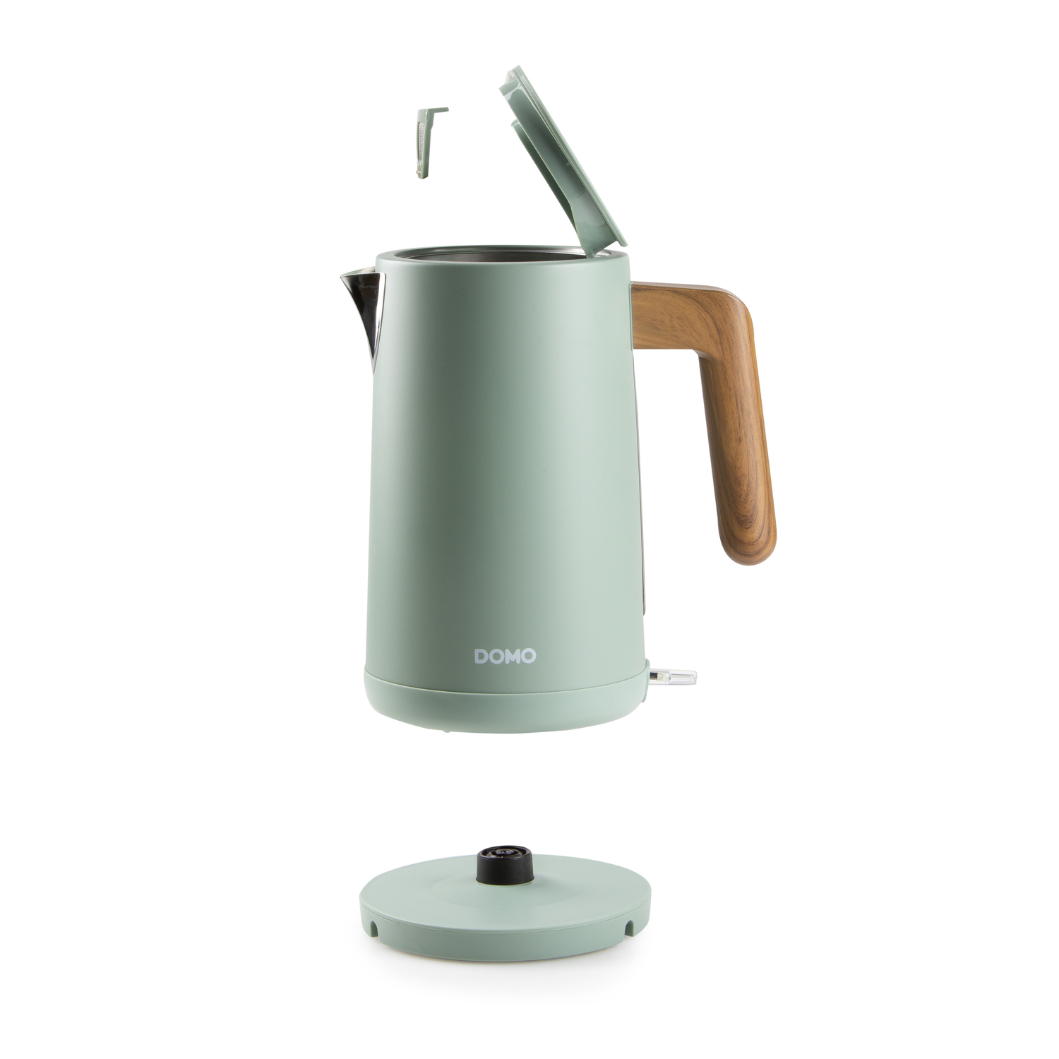 Een groene waterkoker met een houten handvat, deksel en losse voet.