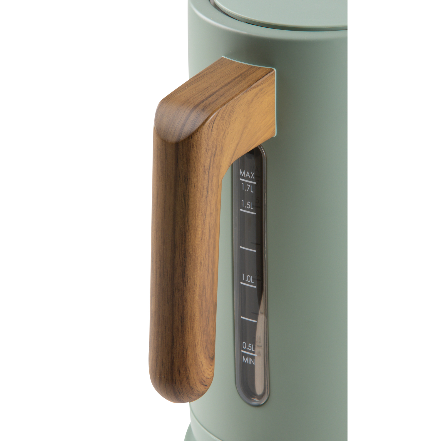 Een groene waterkoker met een houten handvat en een waterniveau-indicator, die metingen tot 1,7L weergeeft.