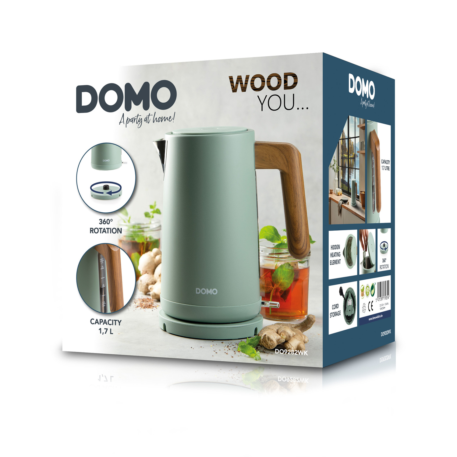 Een turquoise elektrische waterkoker met een houten handvat, gepresenteerd in een doos met productdetails.