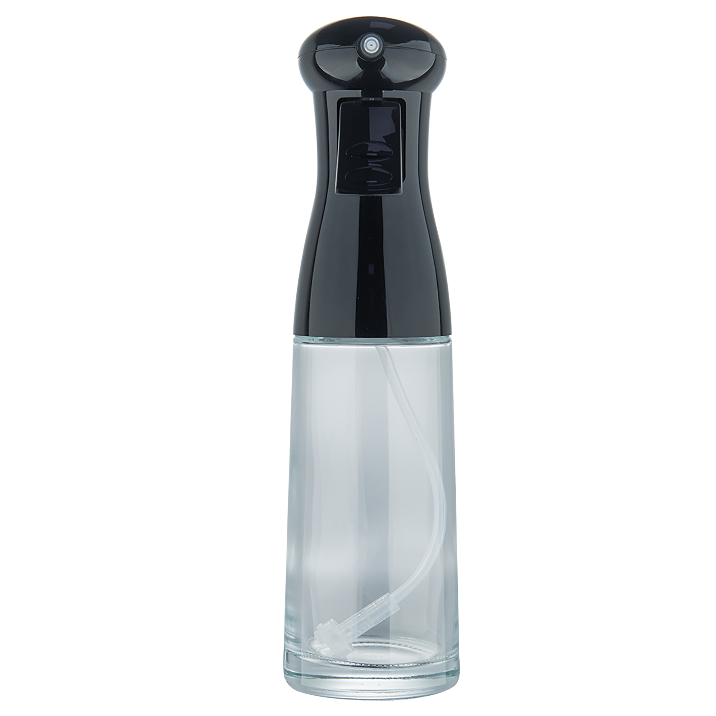 Átlátszó spray palack fekete tetővel, fehér háttérrel.