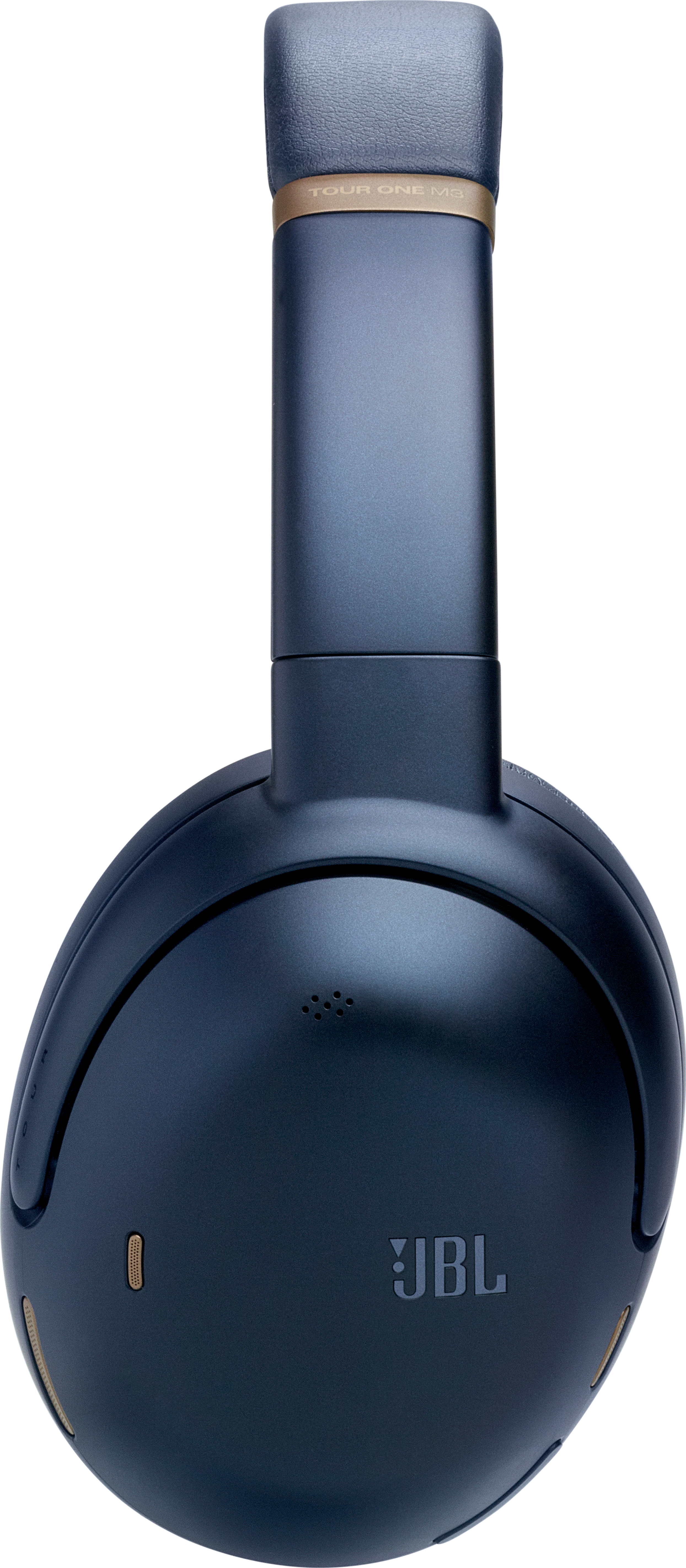 Cuffie JBL Tour One blu scuro con dettagli dorati su sfondo bianco.