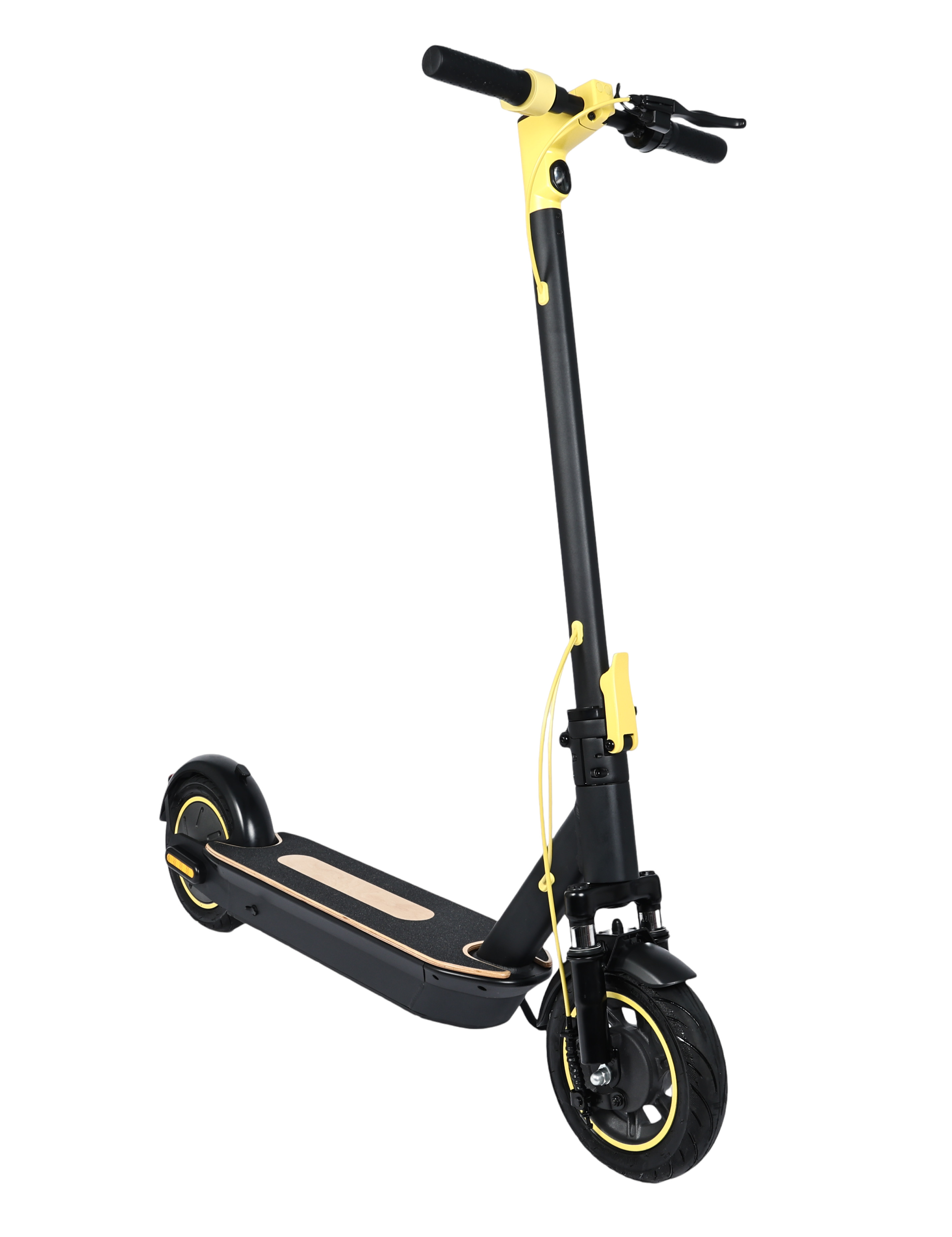 Żółto-czarna hulajnoga elektryczna na białym tle.