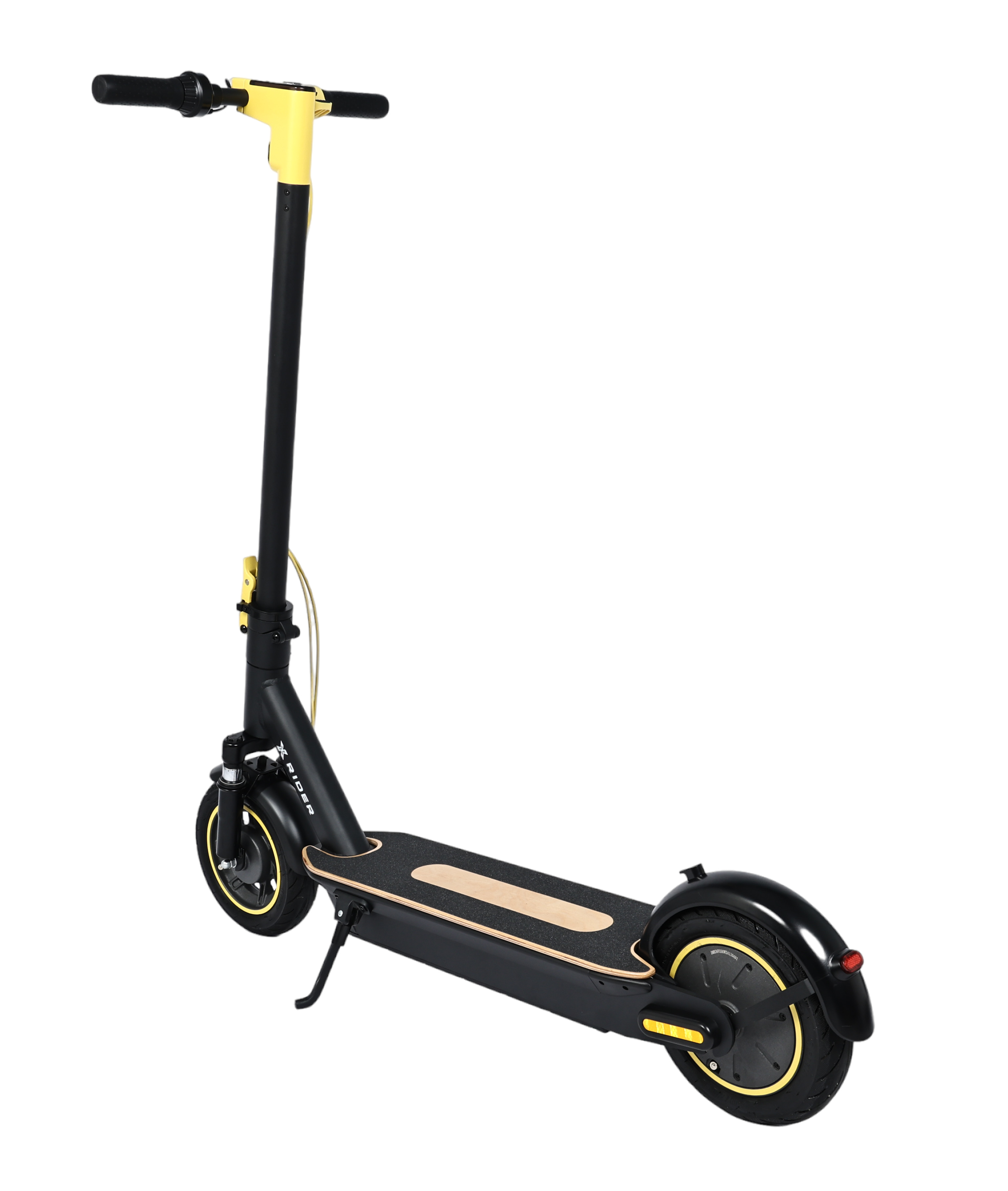 Czarno-żółta hulajnoga elektryczna. Ma czarną ramę, żółtą kierownicę i żółte koła.