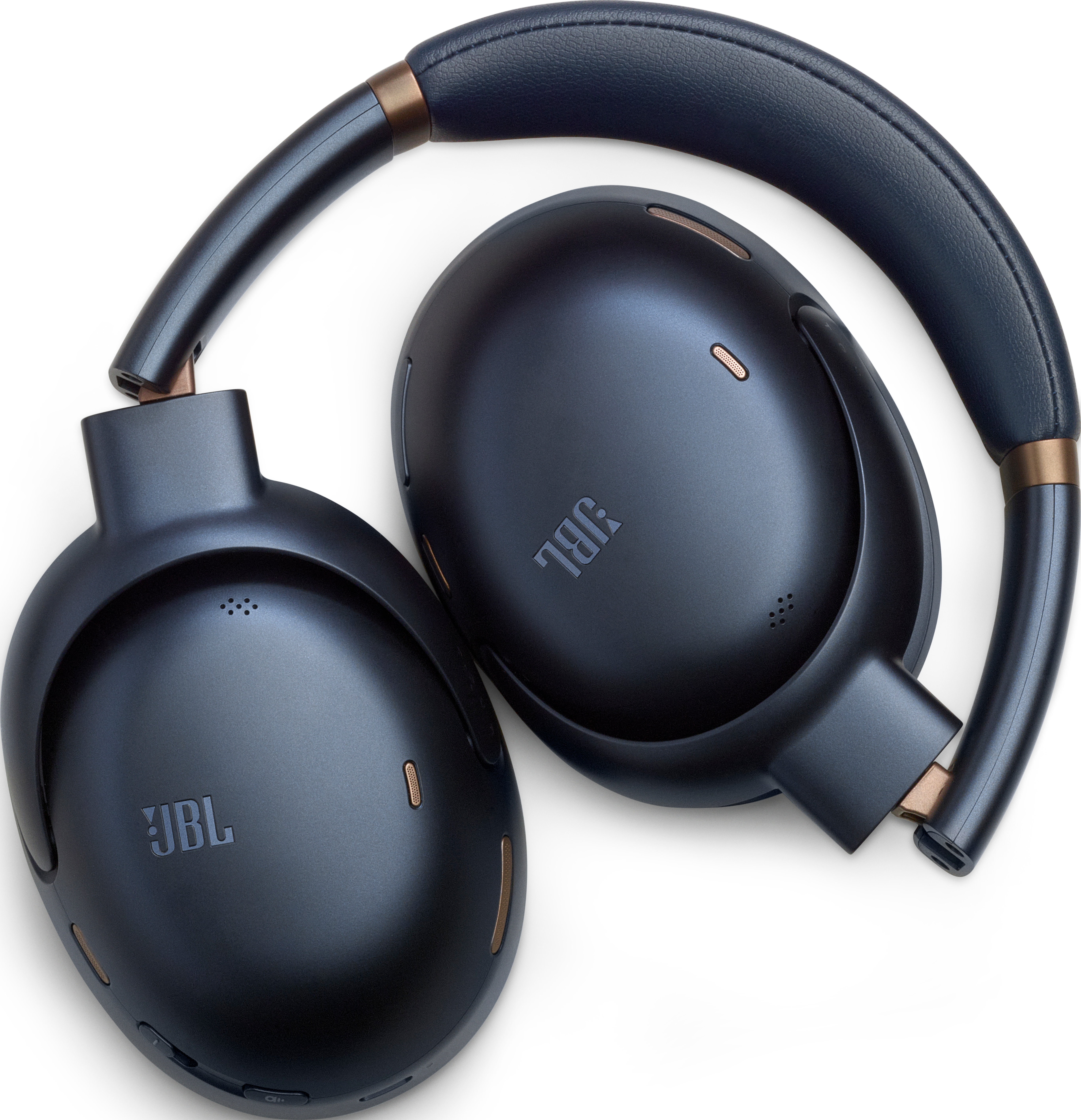 Cuffie JBL blu scuro su sfondo bianco, con dettagli dorati.