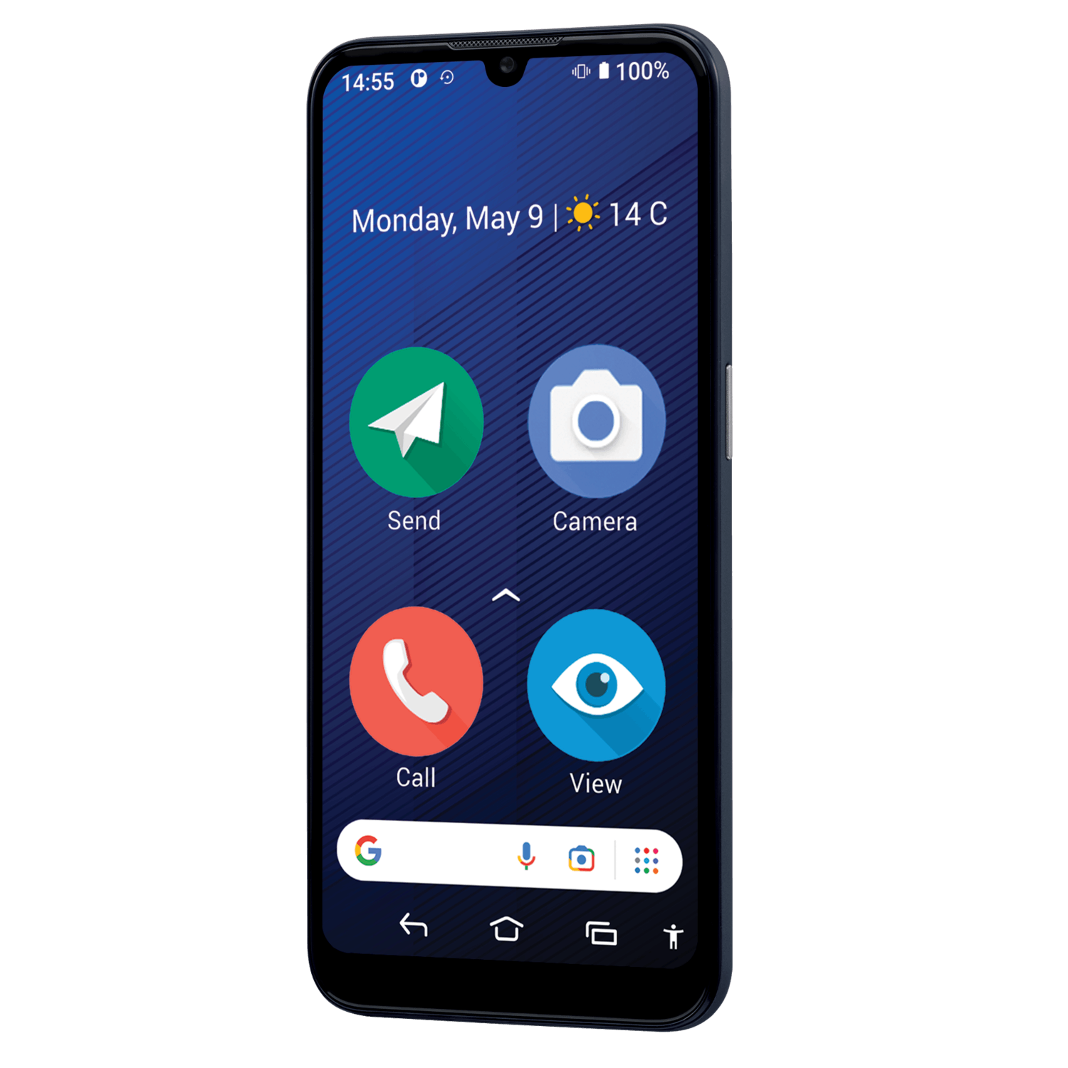 A smartphone displays a home screen with icons for Send, Camera, Call, and View. The time, date, and temperature are also visible.