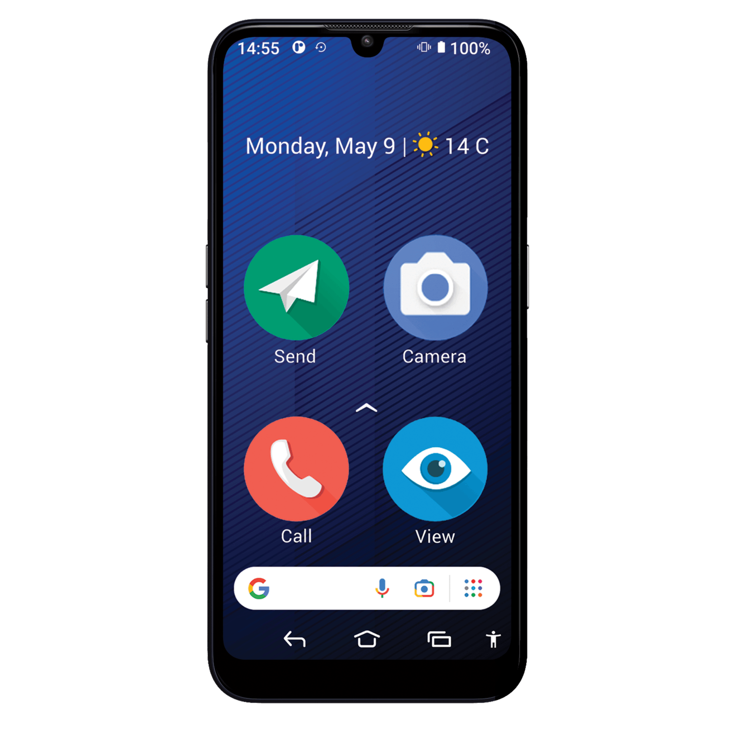 A smartphone screen displays app icons: Send, Camera, Call, and View. The time is 14:55, and it's Monday, May 9, with a temperature of 14C.