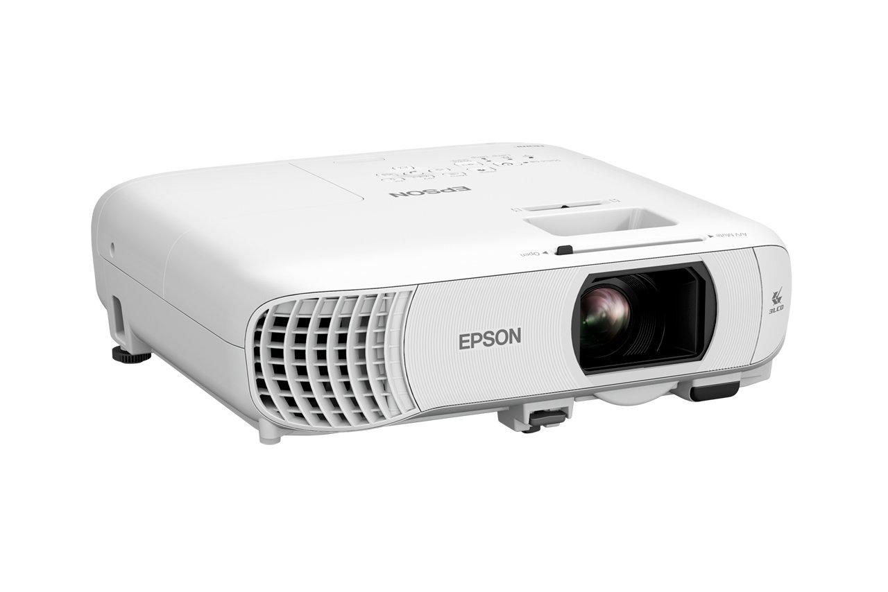 Ein weißer Epson-Projektor auf weißem Hintergrund.