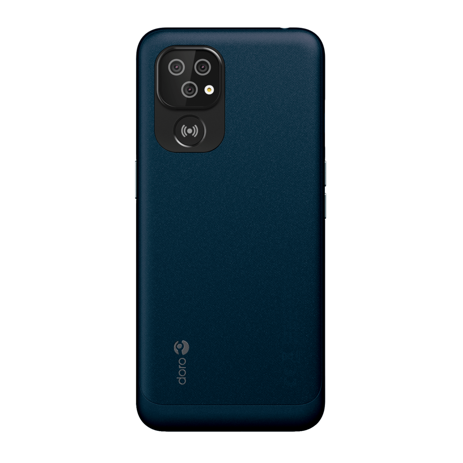 A dark blue phone case with a camera module. The case has a textured surface and the Doro logo at the bottom.