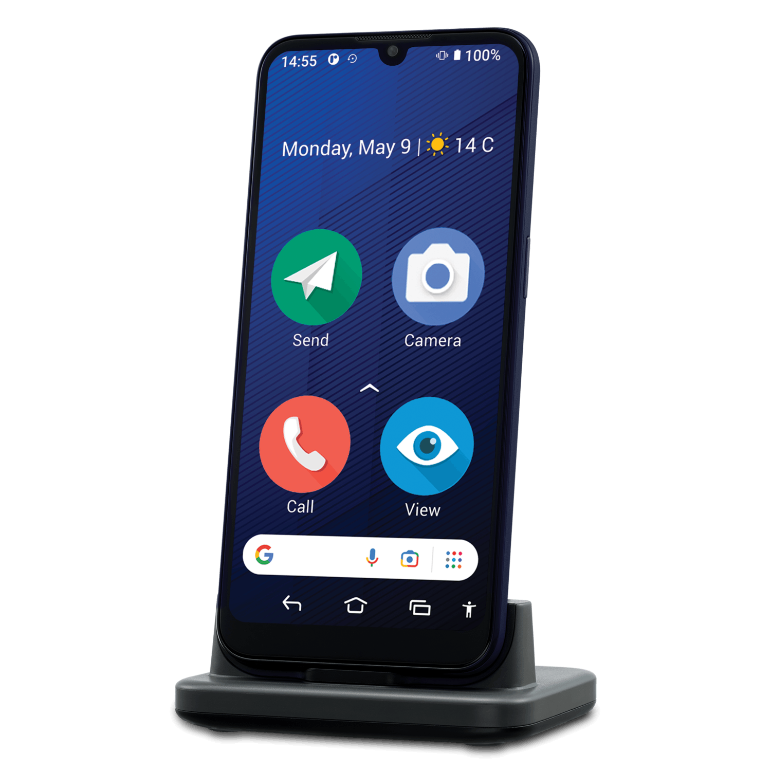 A smartphone is on a stand, showing the home screen. It has apps for sending, camera, call, and view. The time is 14:55, and the temperature is 14C.