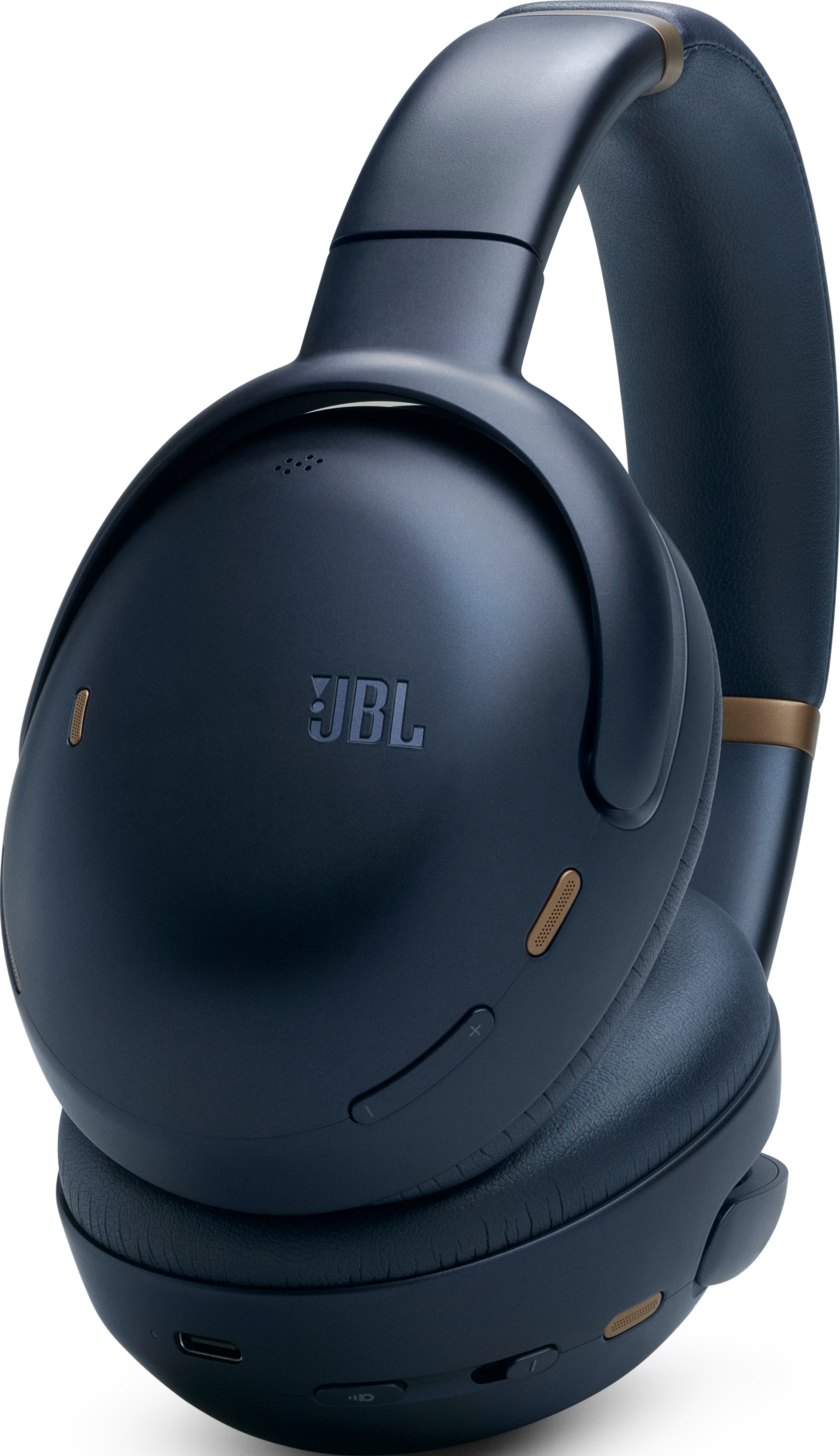 Cuffie JBL blu navy. Il logo è visibile e i padiglioni sono grandi.