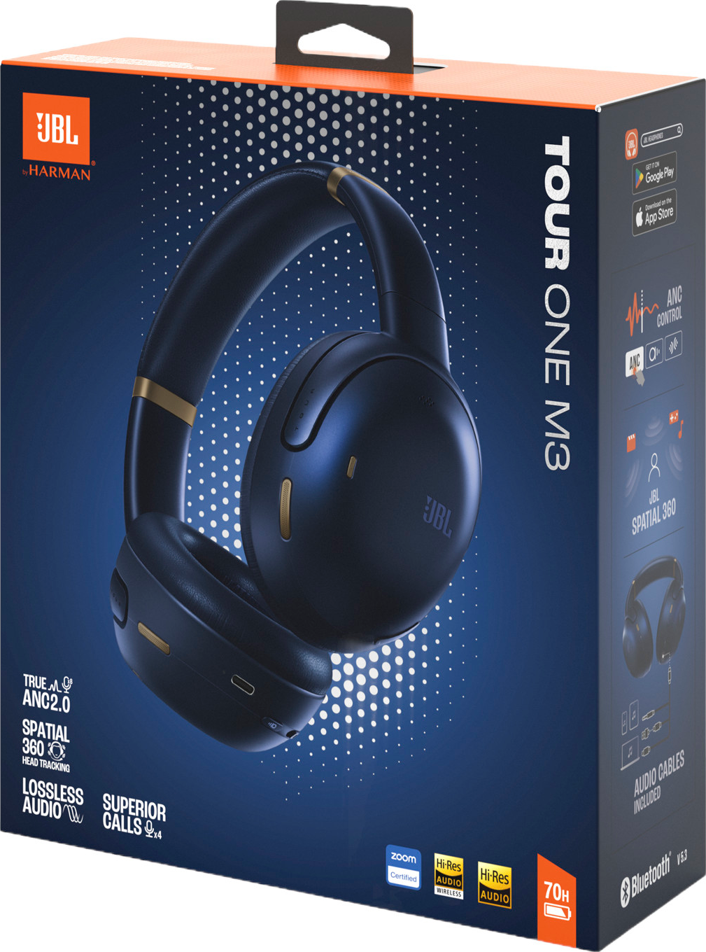 Cuffie JBL Tour One M3 in scatola. Cuffie nere con dettagli dorati. Confezione blu.