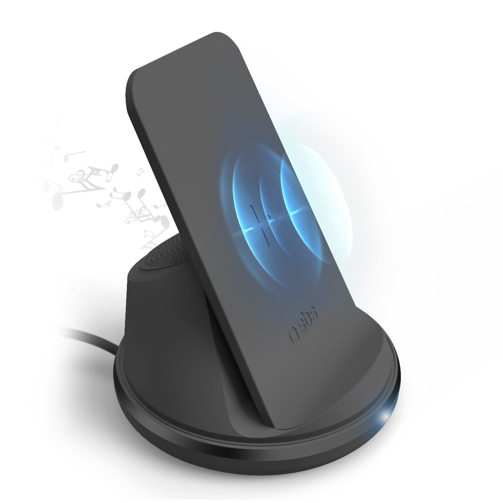 Schwarzes kabelloses Ladegerät mit Telefon, Noten drumherum.