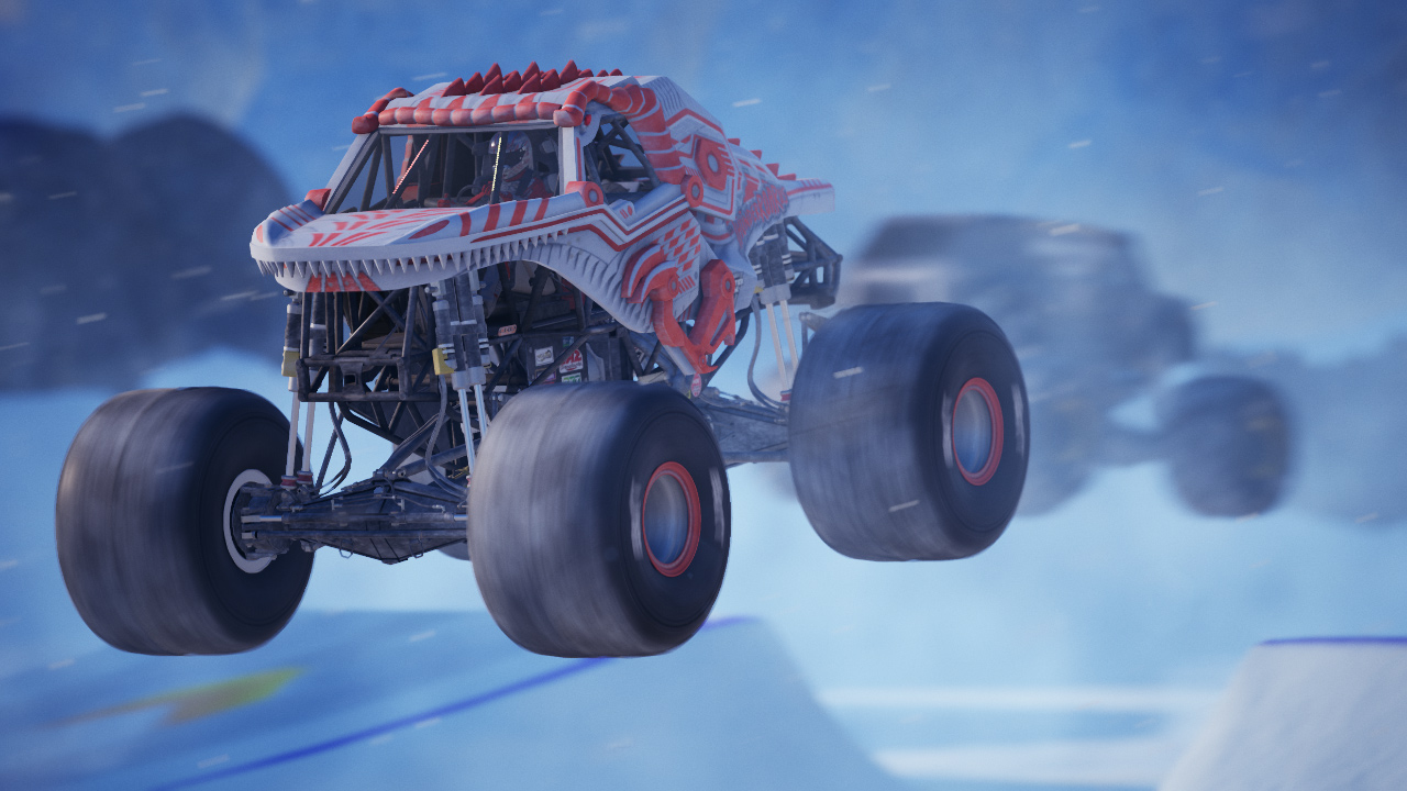 Un monster truck con un design di dinosauro, che salta a mezz'aria su una pista innevata.