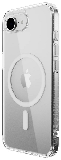 Átlátszó telefontok fehér körrel és Apple logóval.