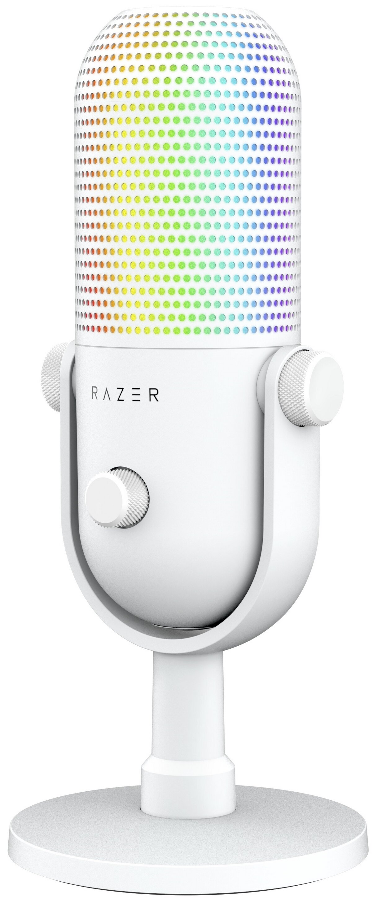 Biały mikrofon z tęczową kratką. Mikrofon stoi na statywie z pokrętłem i przyciskiem.