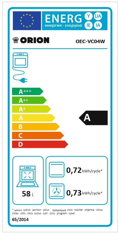 Energia címke sütőhöz, besorolásokkal és ikonokkal.