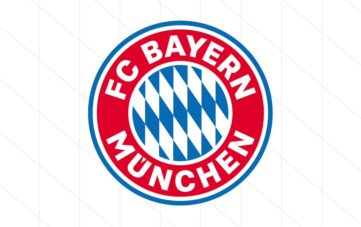 Das Logo des FC Bayern München. Ein roter und blauer Kreis mit Text. Die Mitte hat ein blaues und weißes Rautenmuster.