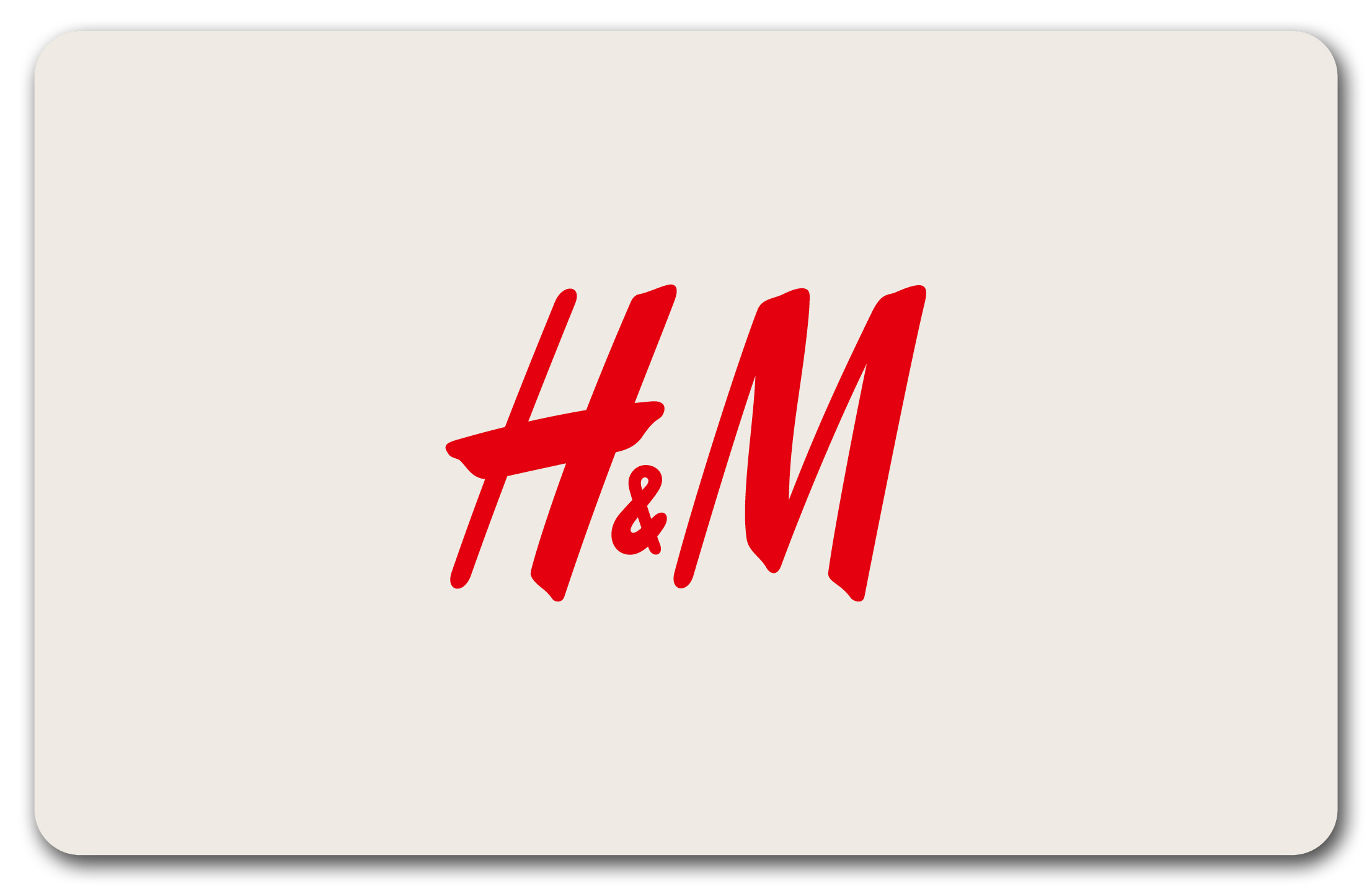 Eine H&M-Geschenkkarte. Die Karte hat einen beigefarbenen Hintergrund mit dem roten H&M-Logo in der Mitte. Die Kartenränder sind abgerundet.