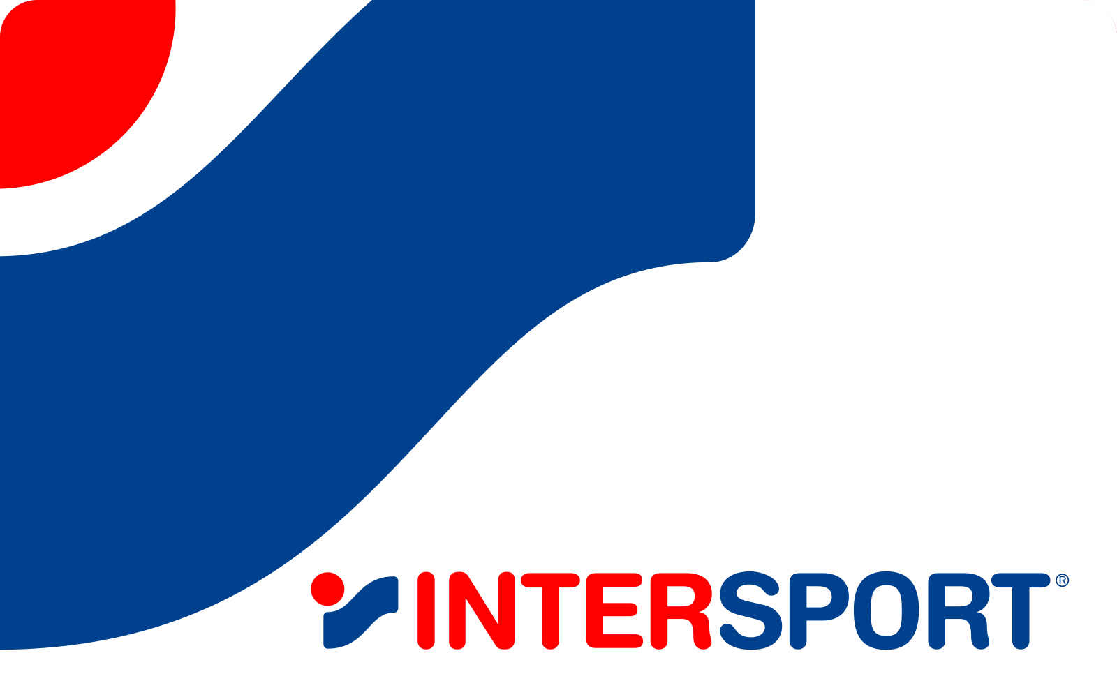 Logo von Intersport: Roter Punkt, blaue Form, weißer Hintergrund.
