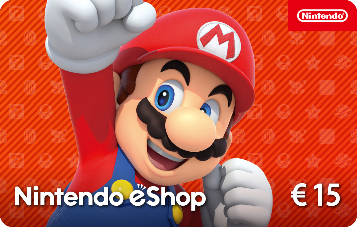 Mario-Geschenkkarte. Mario in roter Mütze und blauer Latzhose. Die Karte zeigt Nintendo eShop und 15 € vor orangefarbenem Hintergrund.