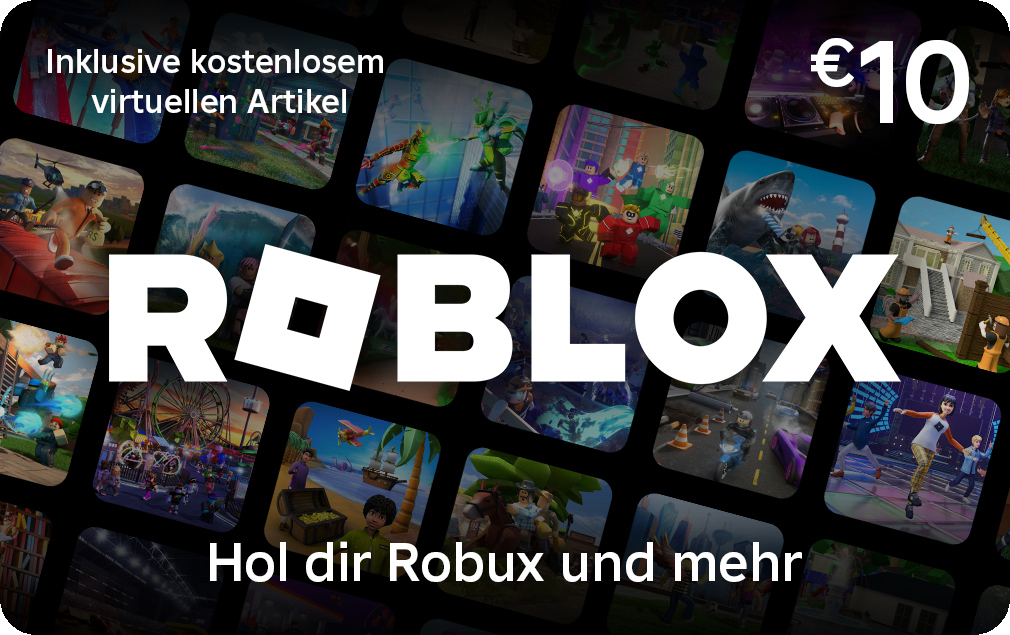Roblox-Geschenkkarte im Wert von 10 €. Sie zeigt verschiedene Spielszenen und den Text 'Hol dir Robux und mehr' und 'Inklusive virtuellem Artikel'.