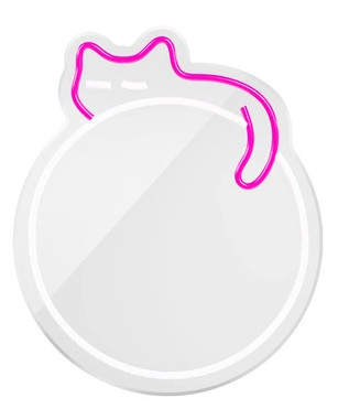 Biały znak z różowym kotem i okręgiem. Znak jest błyszczący.