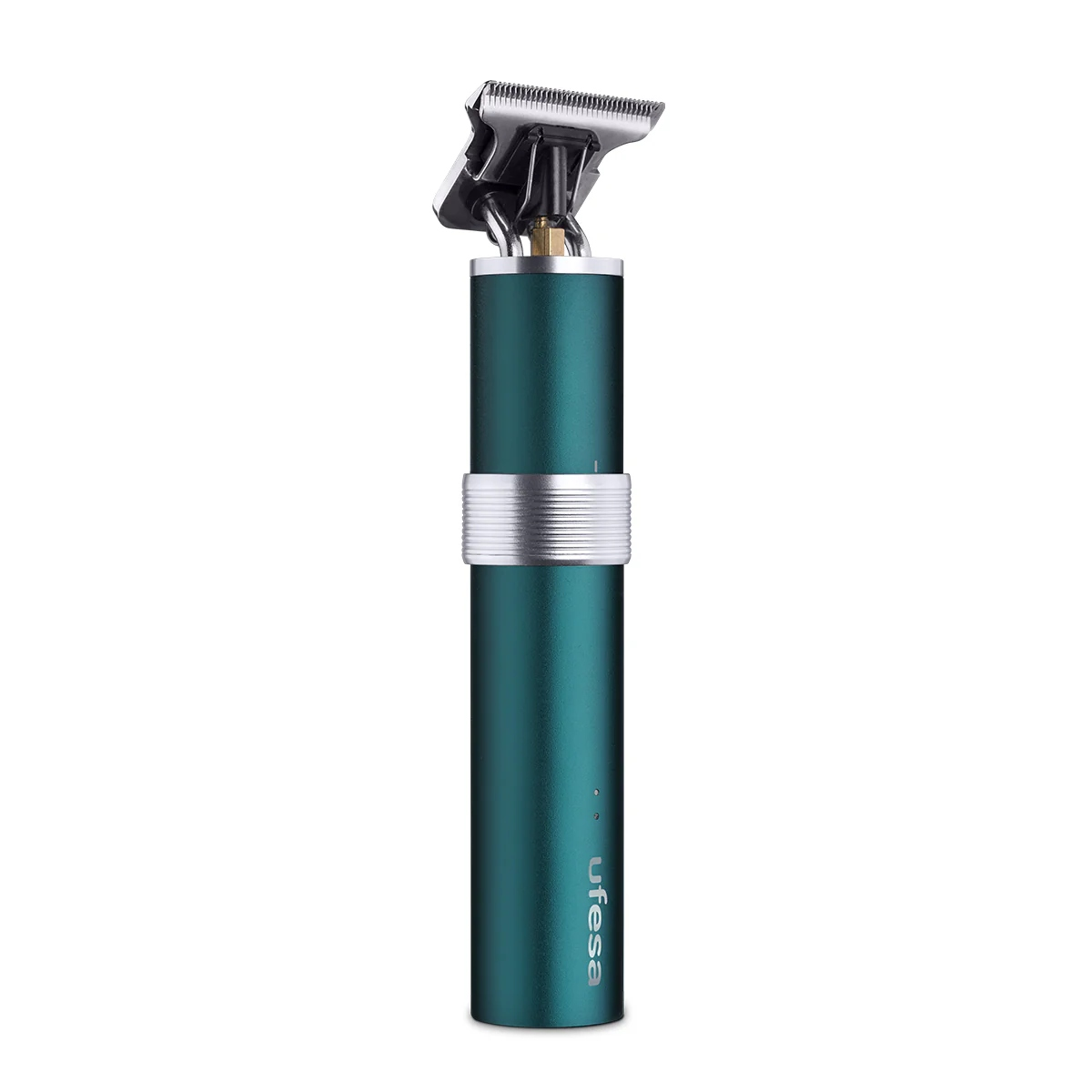 Recortadora de cabello verde y plateada aislada en blanco, con la marca 'ufesa'.