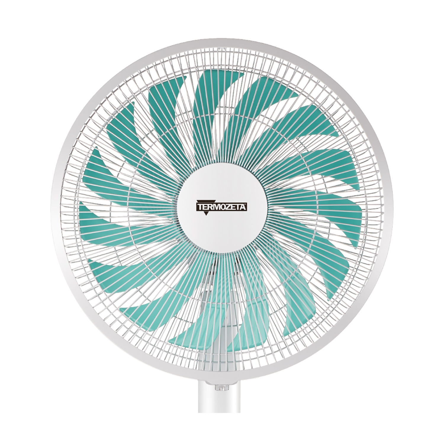 Ventilatore bianco e verde acqua con più pale. Il ventilatore ha una cornice bianca.