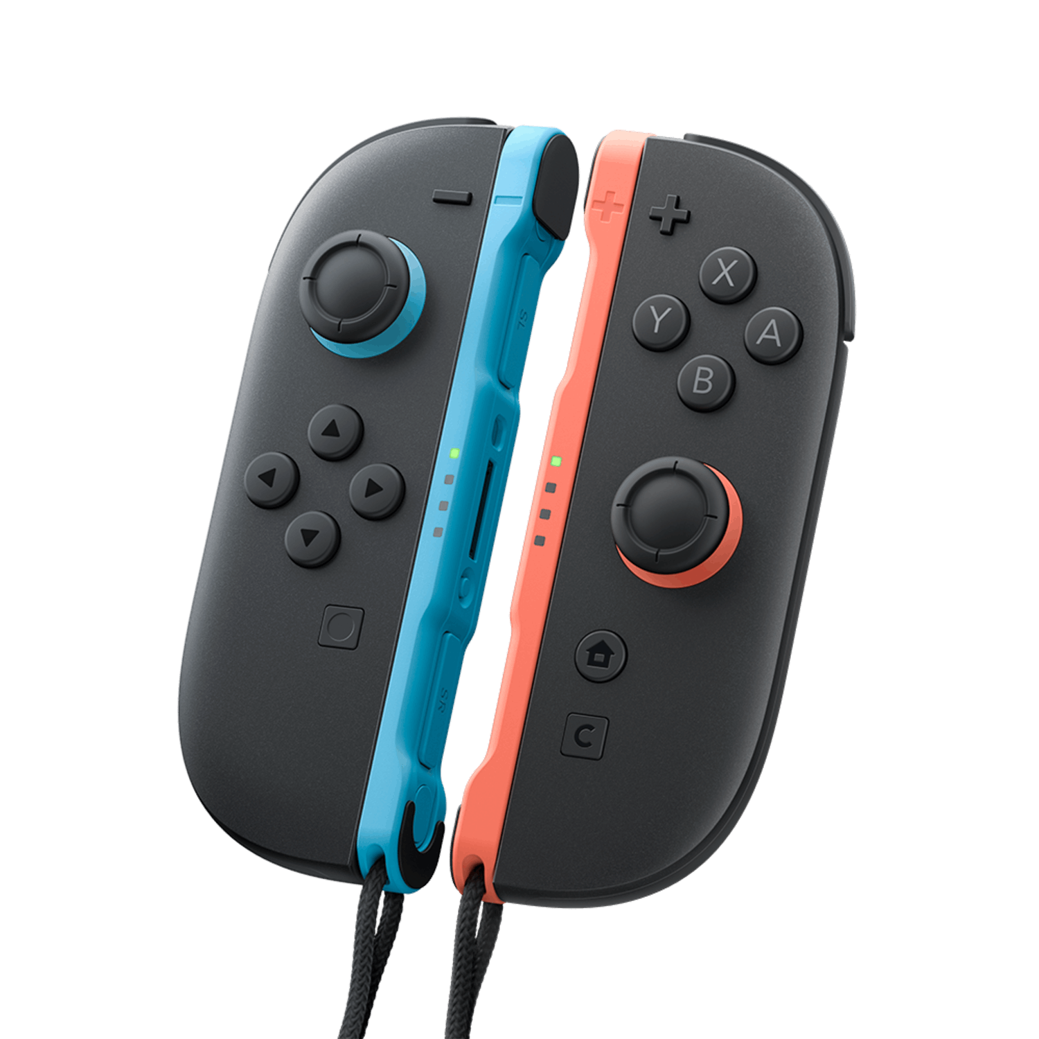 Twee Nintendo Switch Joy-Con controllers, één blauw en één oranje, naar elkaar toe gericht.
