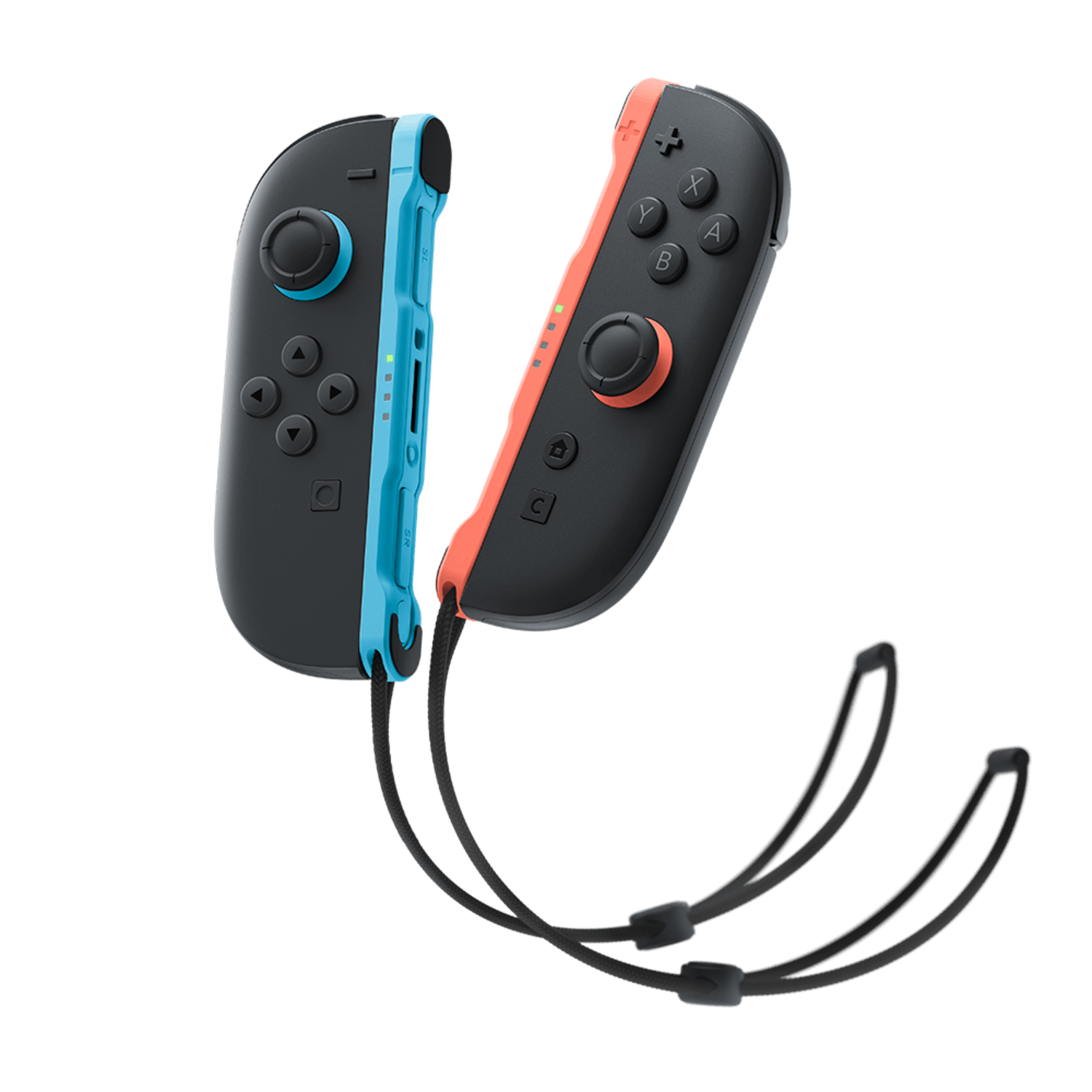 Twee Nintendo Switch Joy-Con controllers. Eén is blauw, de andere oranje, beide bevestigd aan polsbandjes.