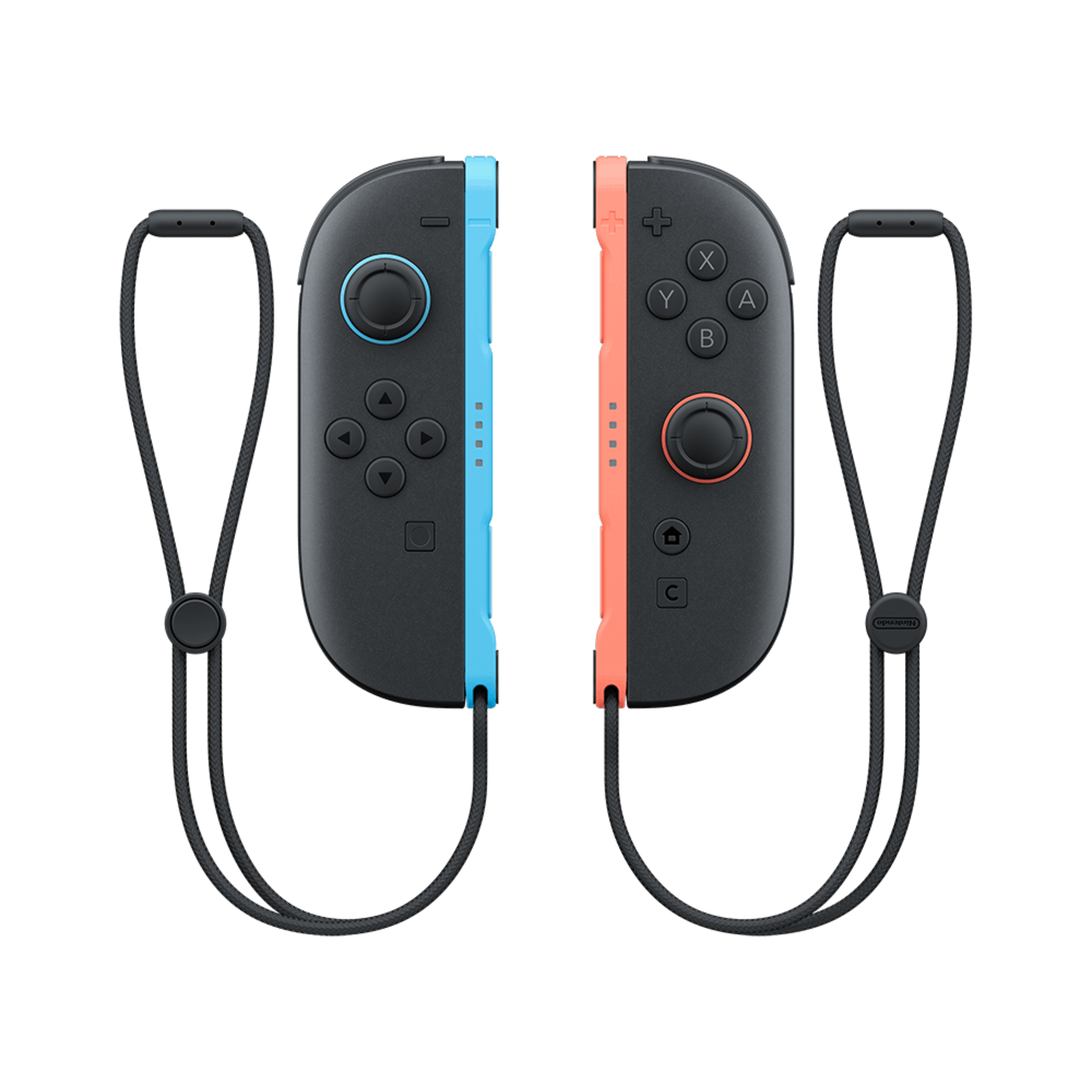 Twee grijze Nintendo Switch-controllers, één blauw, één oranje, met polsbandjes op witte achtergrond.