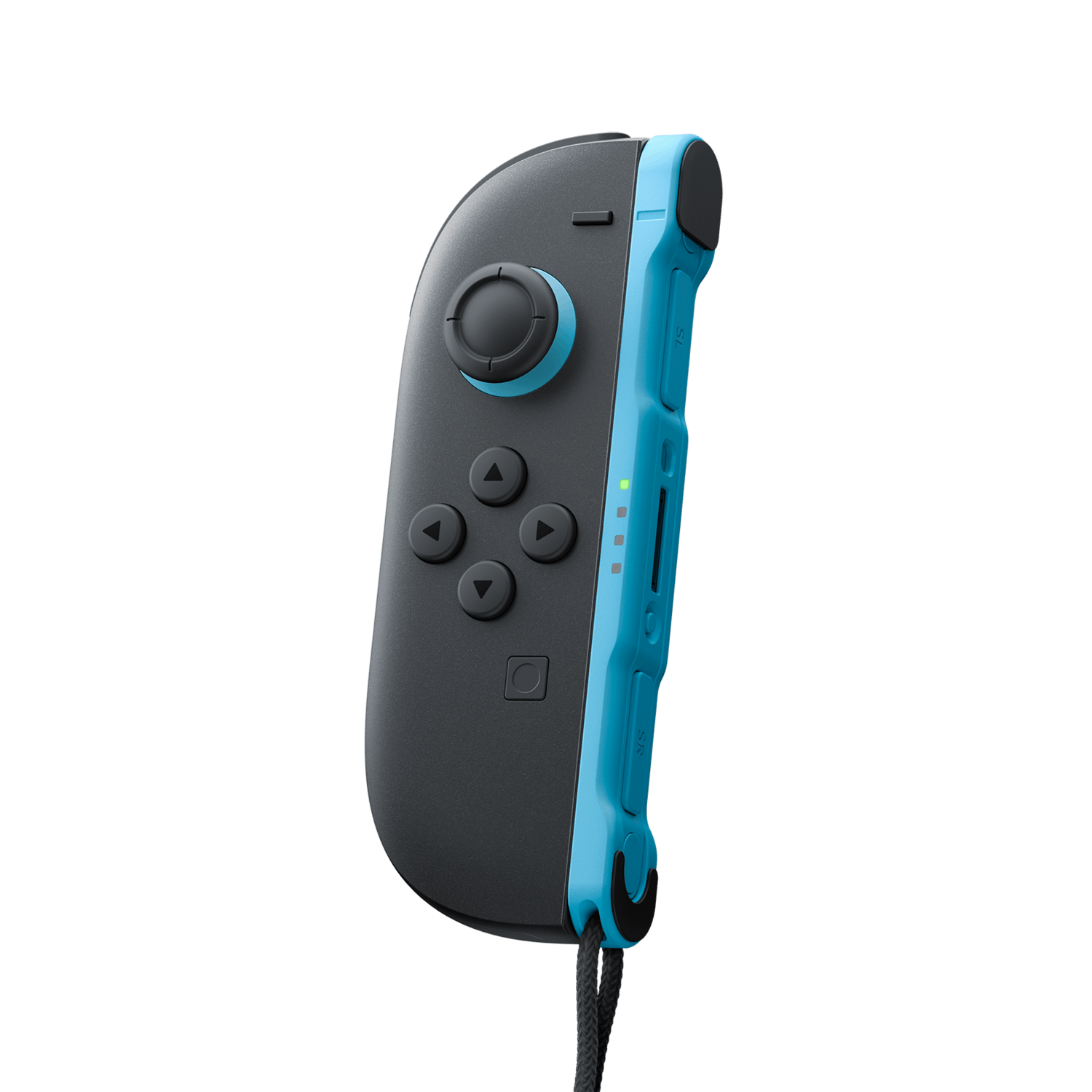 Nintendo Switch Joy-Con controller. Black buttons and stick, blue sides, and a black wrist strap.