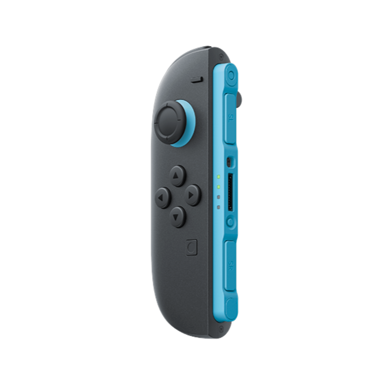 A grey and blue Nintendo Switch Joy-Con controller. It has buttons, a joystick, and SR/SL buttons on the side.