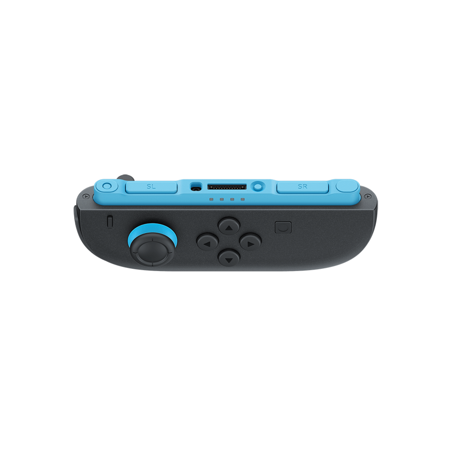 Controller: Top view of a black gamepad with blue accents. Buttons and joystick.