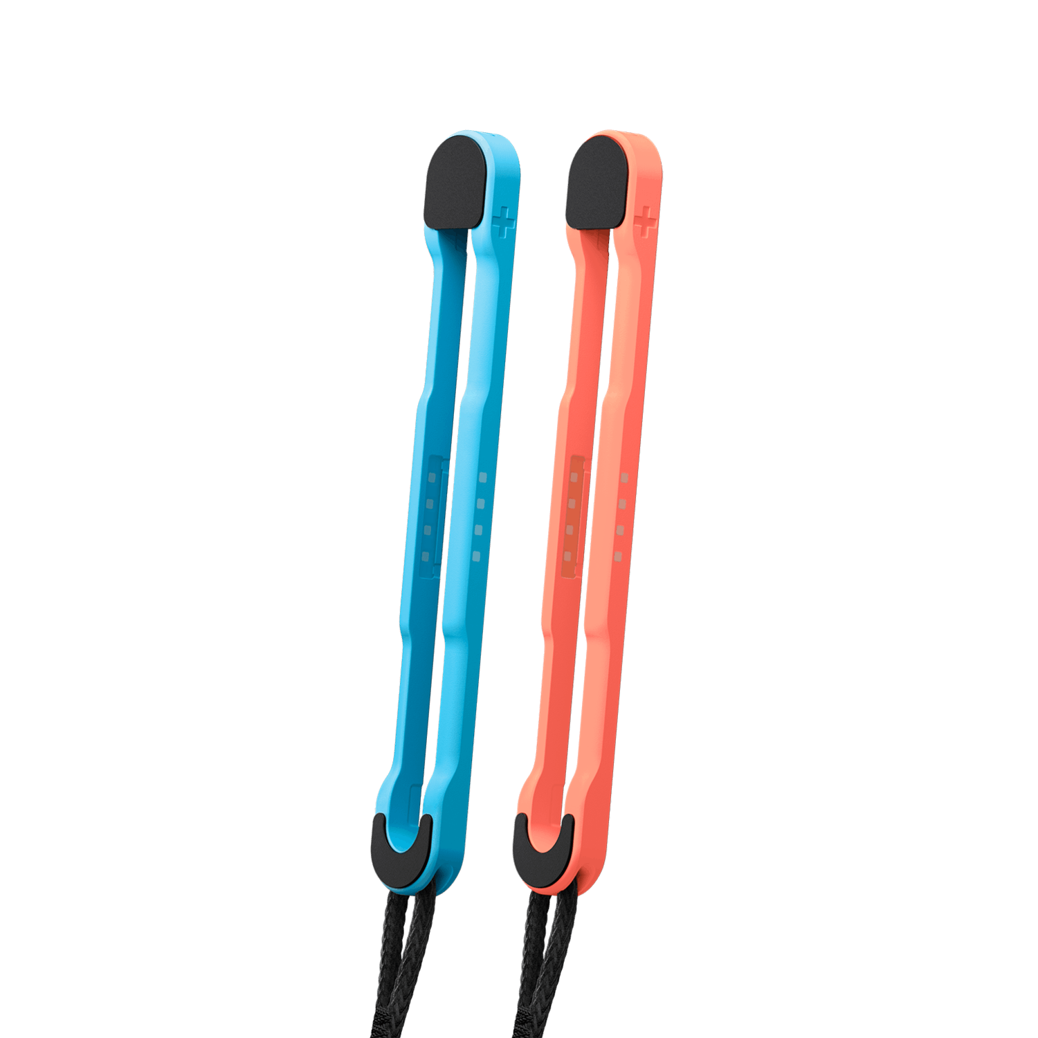 Two blue and orange Joy-Con wrist straps with black cords on a white background.