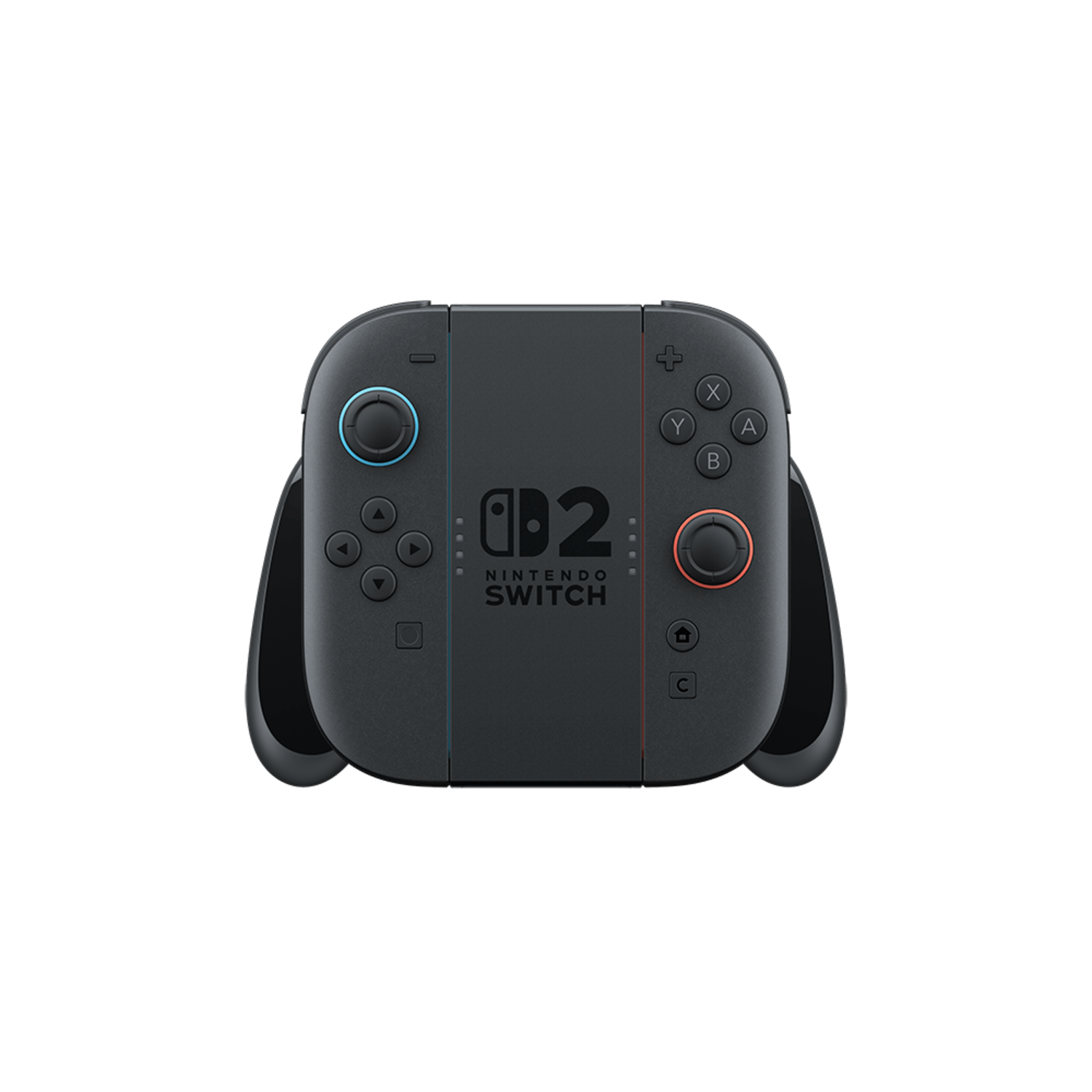 Zwarte Nintendo Switch-controller met knoppen en joysticks, close-up op een witte achtergrond.