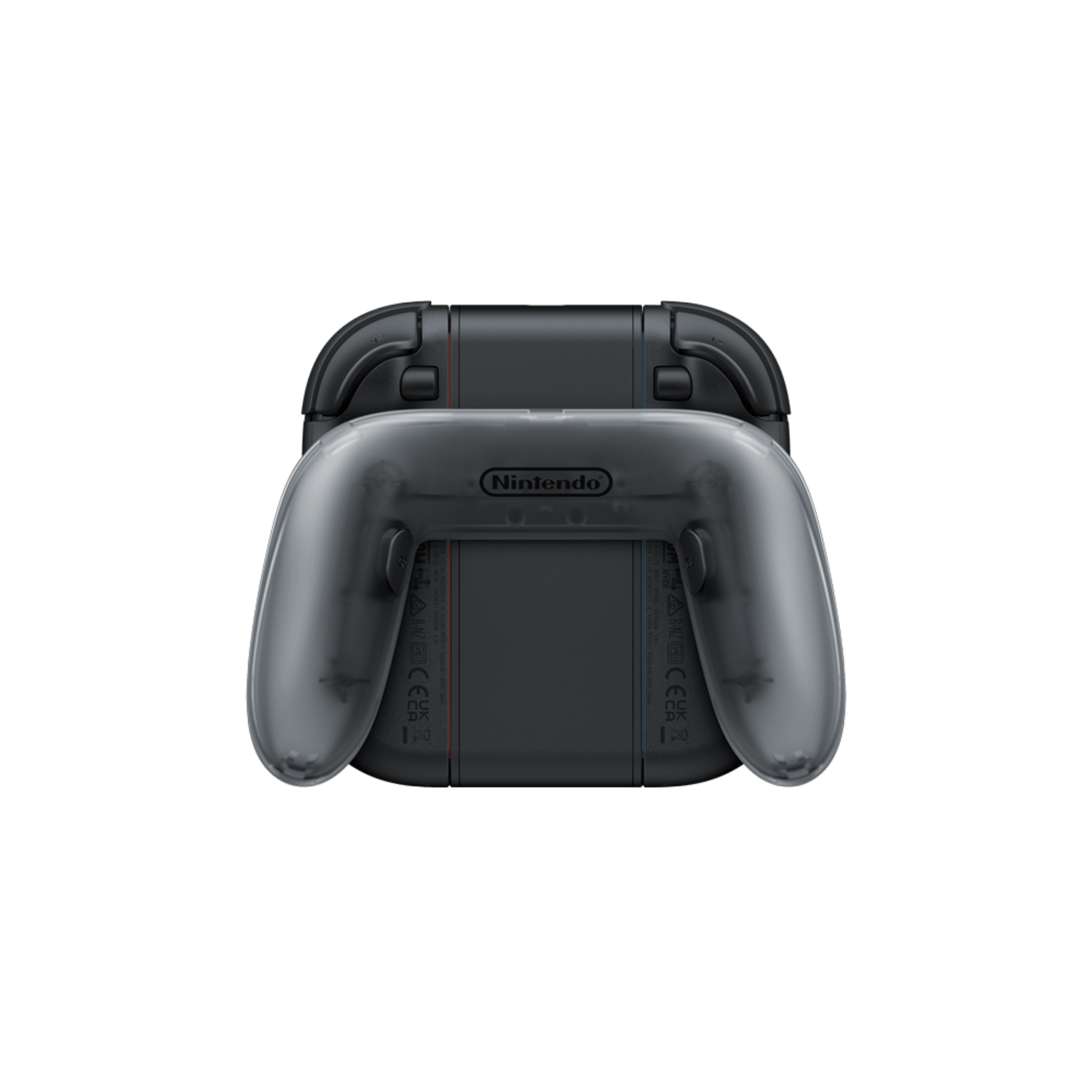 Zwarte Nintendo Switch controller grip met een transparante hoes, geïsoleerd.