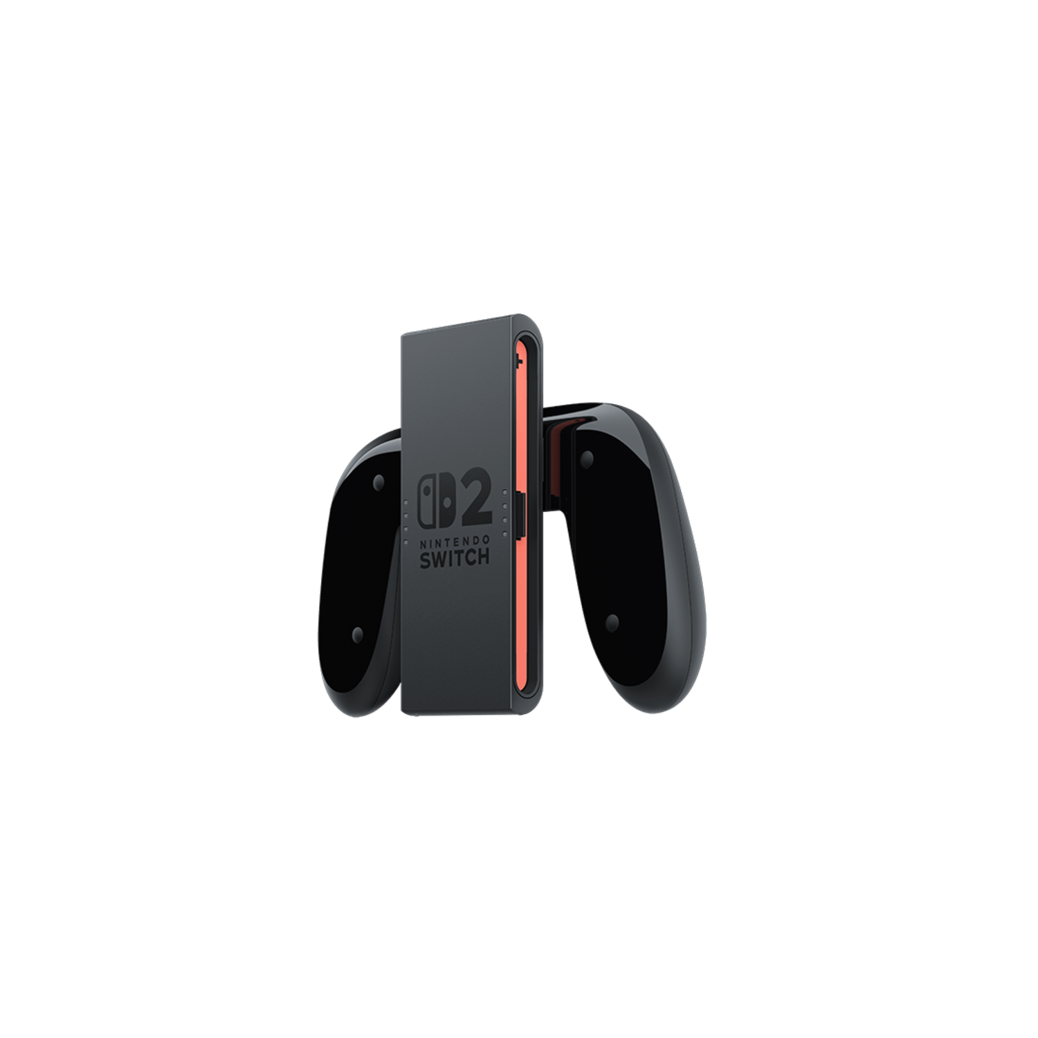 Een zwarte Nintendo Switch controller grip met de console bevestigd, geïsoleerd op een witte achtergrond.