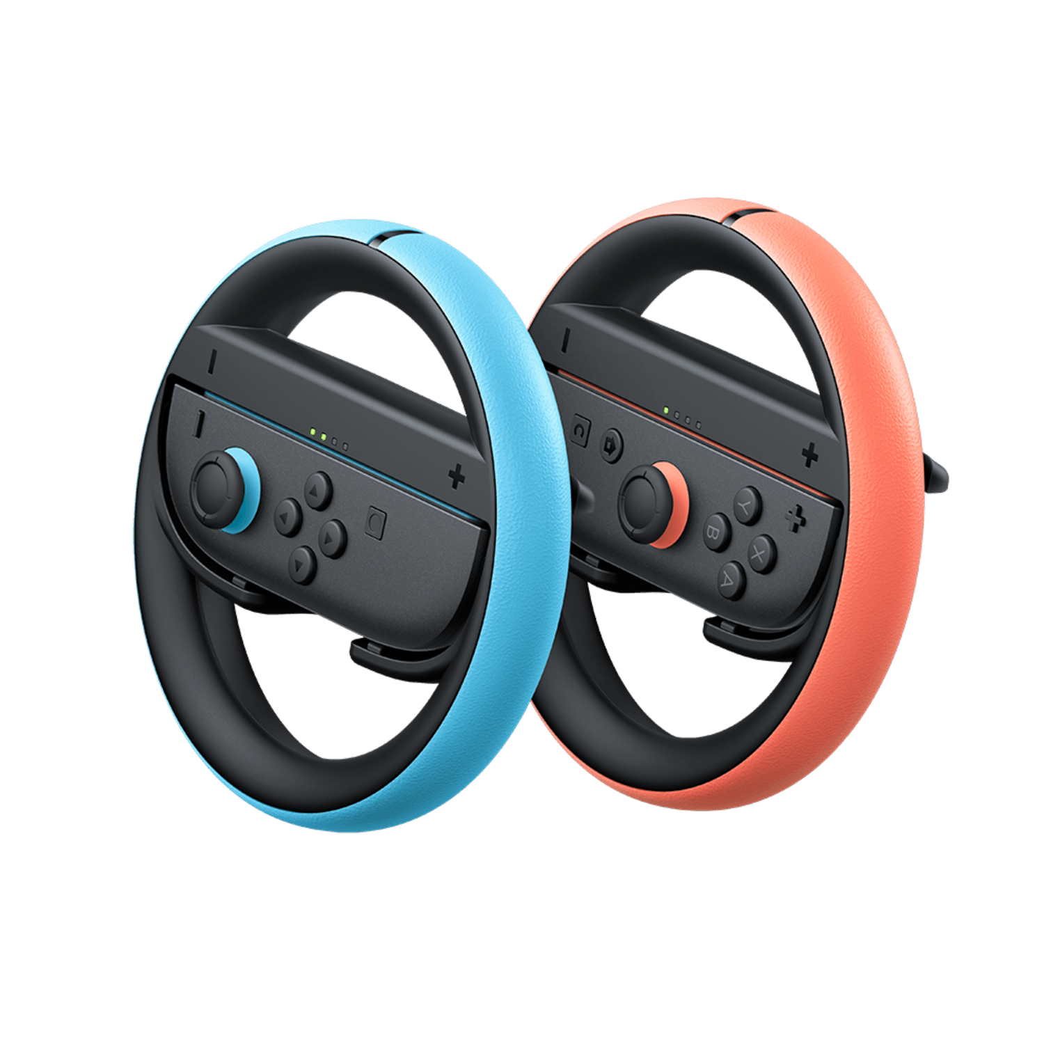 Two steering wheel controllers, one blue and one orange, for a gaming console.