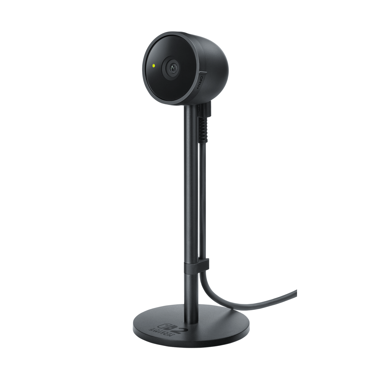 A black camera on a stand. It has a circular head with the lens visible. The stand has a round base.