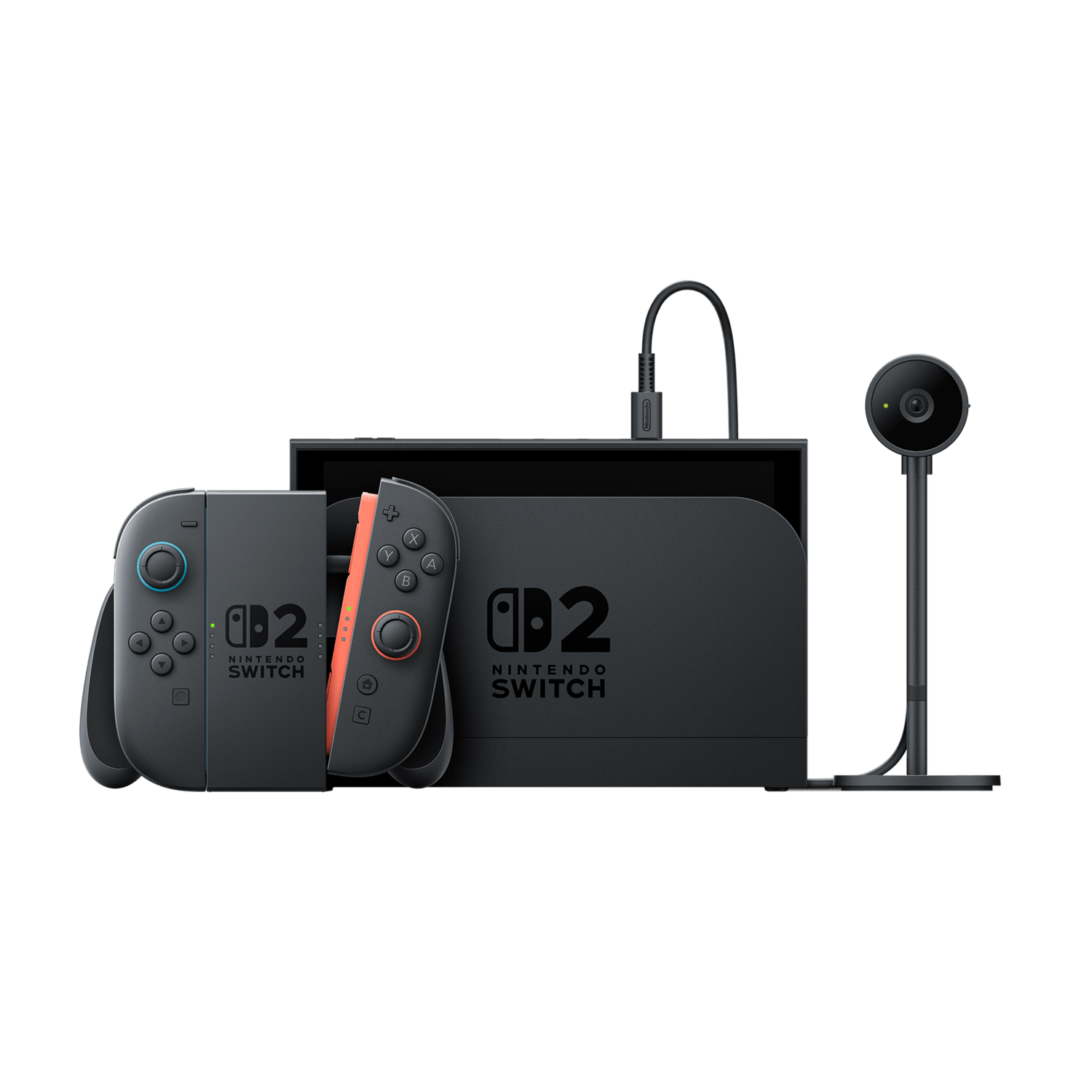 Black Nintendo Switch console with Joy-Con controllers attached, and a camera.