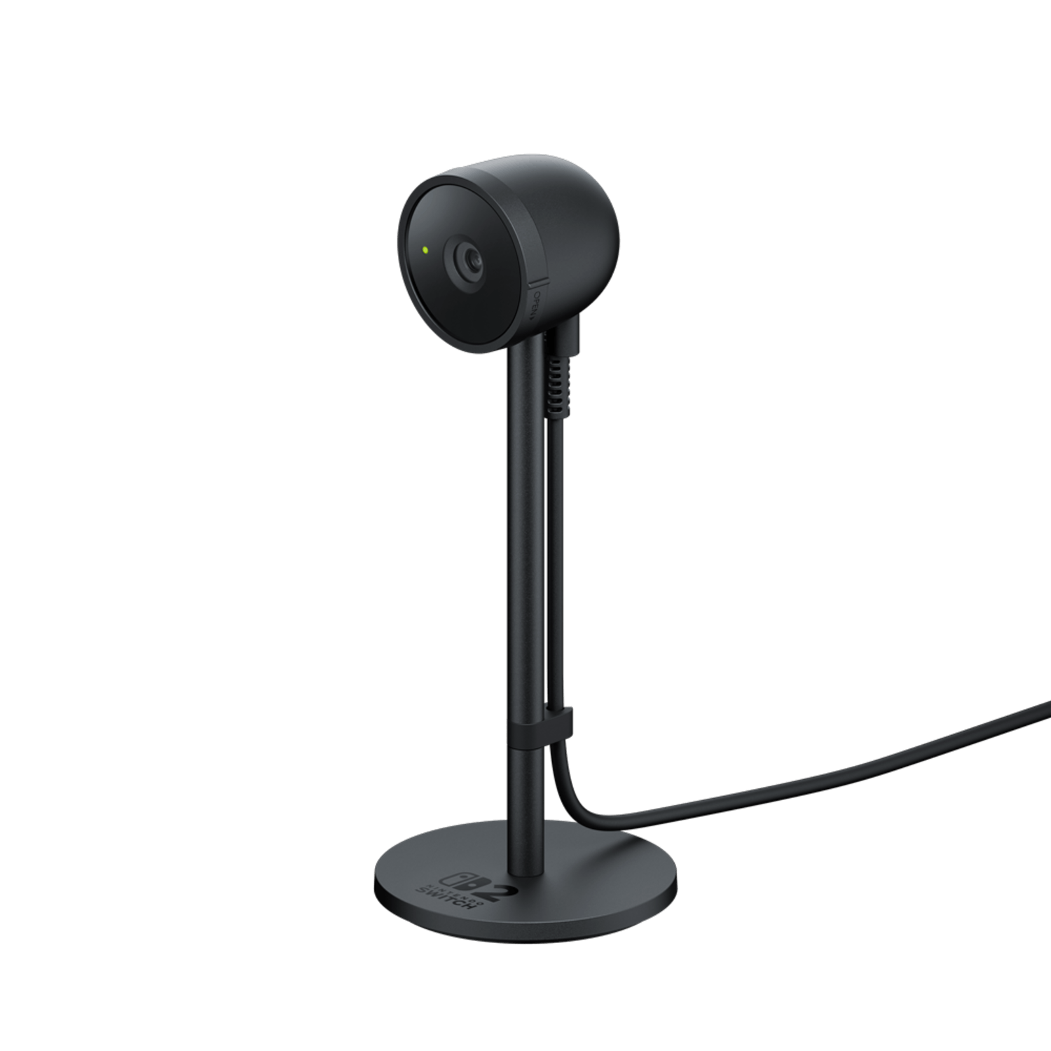 A black webcam on a stand. The webcam is round. The stand has a circular base and is black.