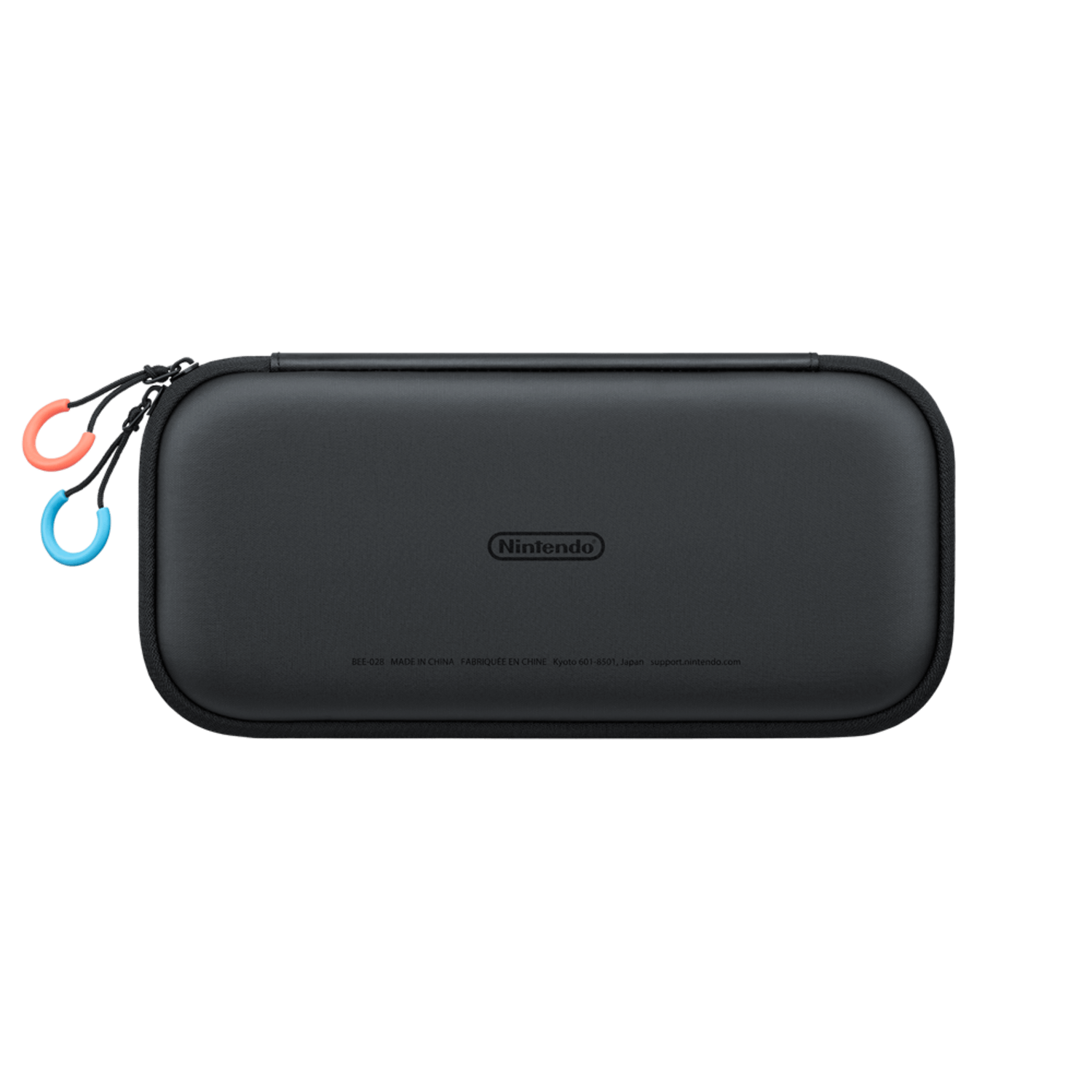 Een zwarte Nintendo Switch draagtas met ritssluiting en oranje en blauwe treklussen.