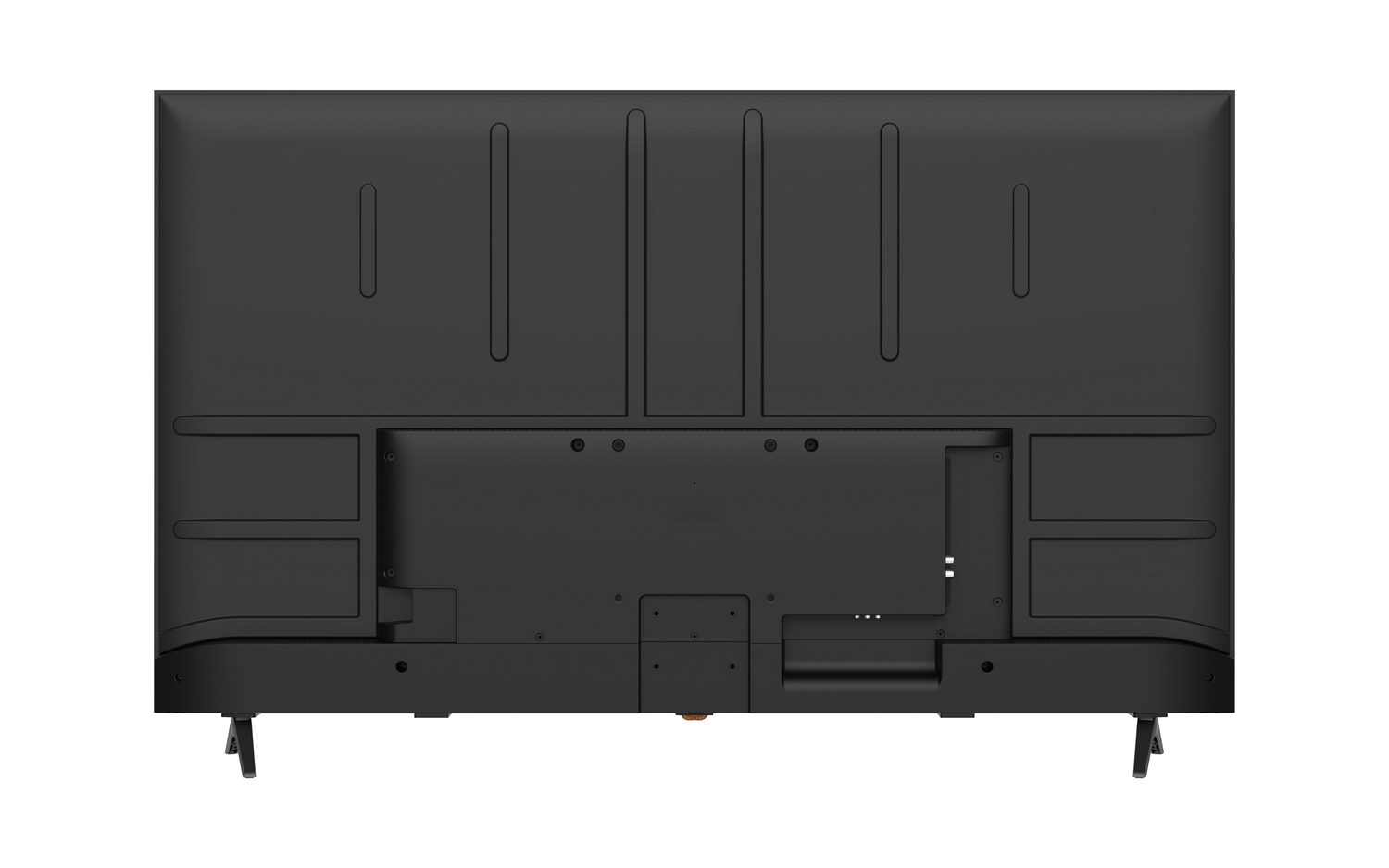 Parte trasera de un televisor negro con puertos y patas.