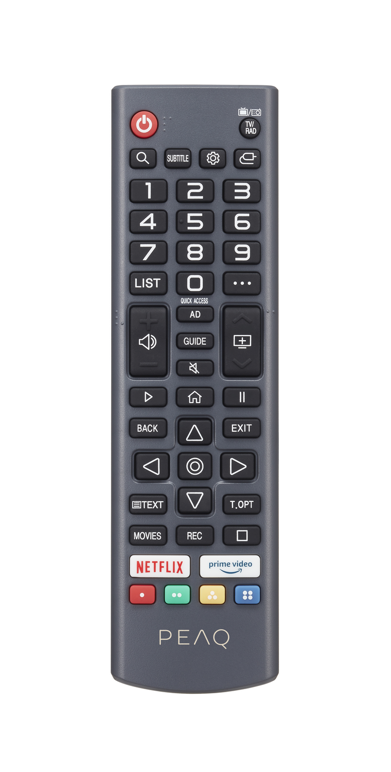 Un mando a distancia de TV. Hay muchos botones en el mando. Es gris.