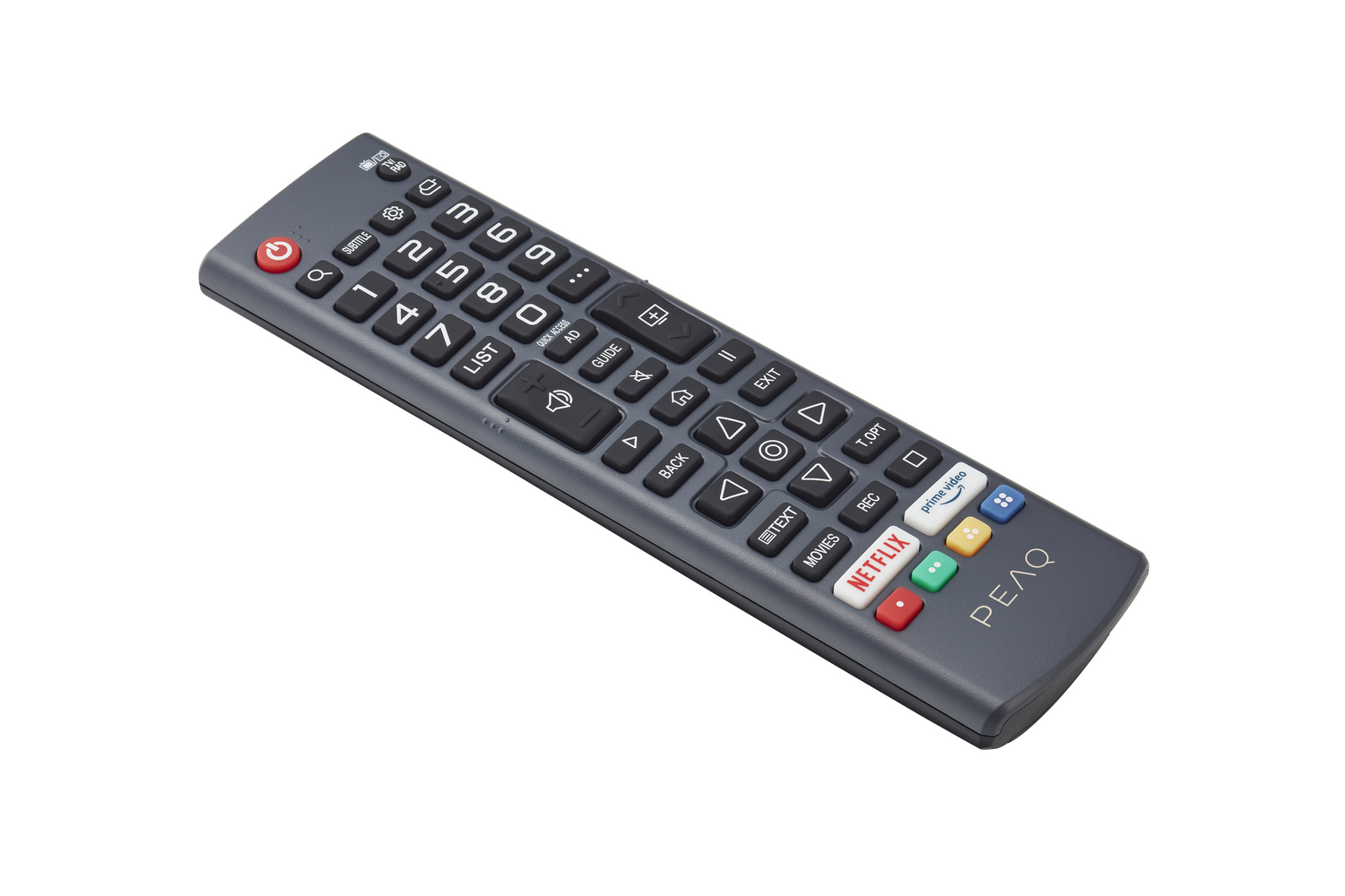 Un control remoto gris con muchos botones, incluyendo Netflix y un botón de encendido.
