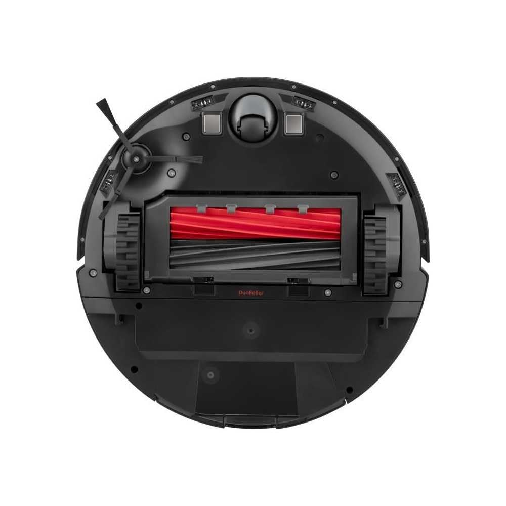 Parte inferior de una aspiradora robot. Negro, redondo, con ruedas, cepillo y un cepillo de rodillo rojo y negro.