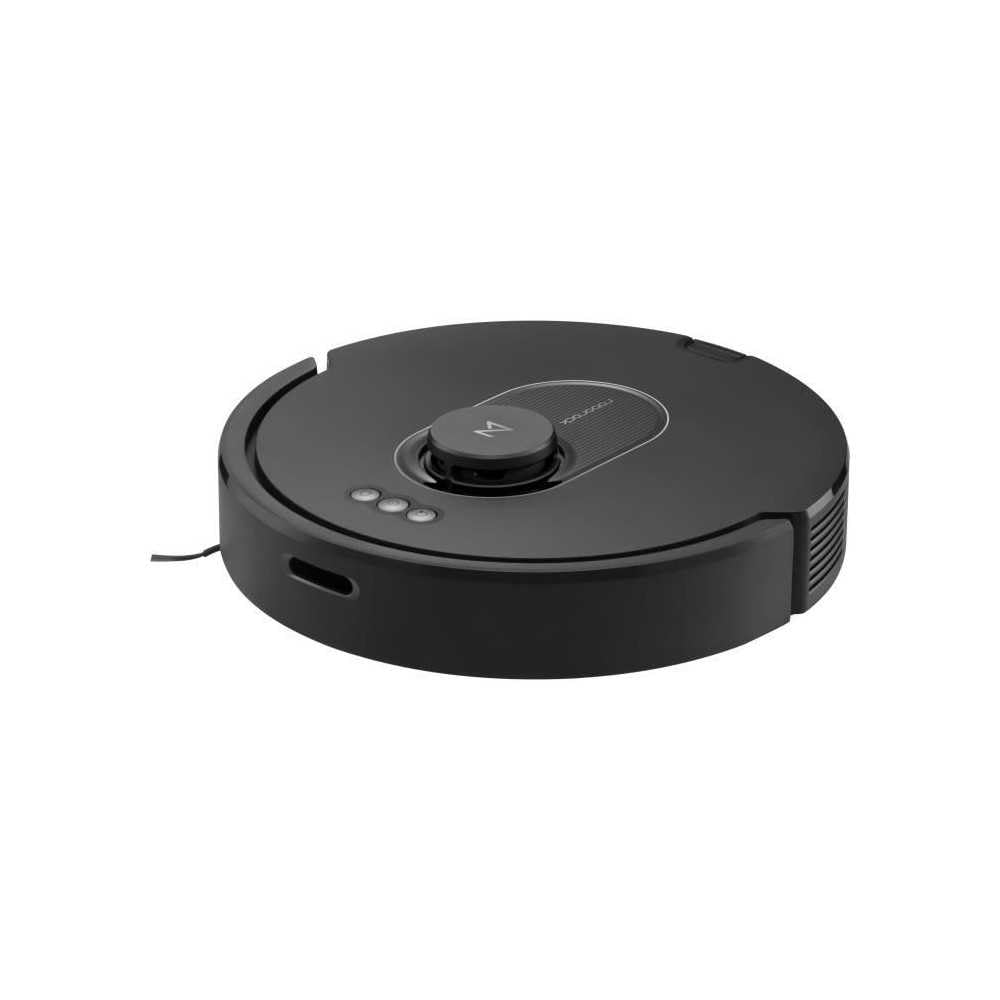 Aspiradora robot negra, forma circular, tres botones y sensor central.