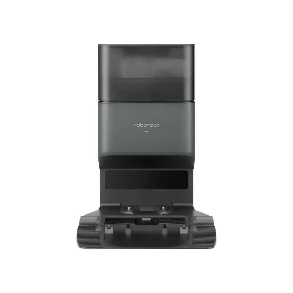 Aspiradora y trapeador robot Roborock negro. El dispositivo tiene una parte superior en forma de caja y una base con ruedas.